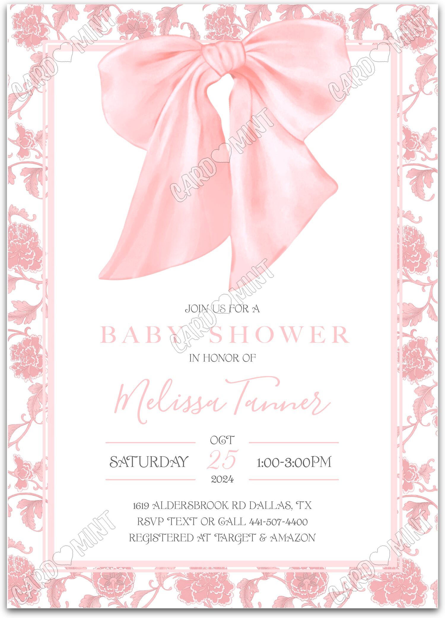 Editable Pink Bow pink bow & chinoiserie pattern girl Baby Shower 5"x7" Invitation EV1001