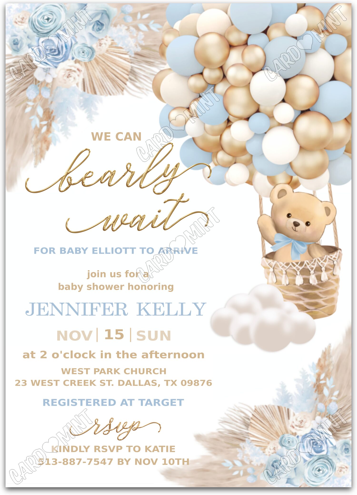 Editable Bearly Wait blue/gold teddy bear & hot air balloons boy Baby Shower 5"x7" Invitation EV1003