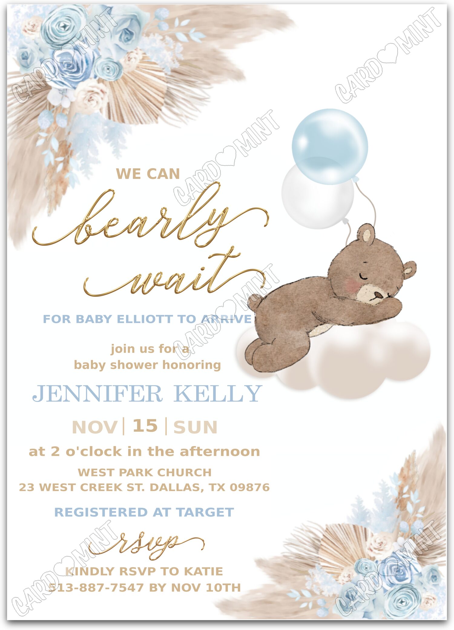 Editable Bearly Wait blue/tan sleeping teddy bear boy Baby Shower 5"x7" Invitation EV1004