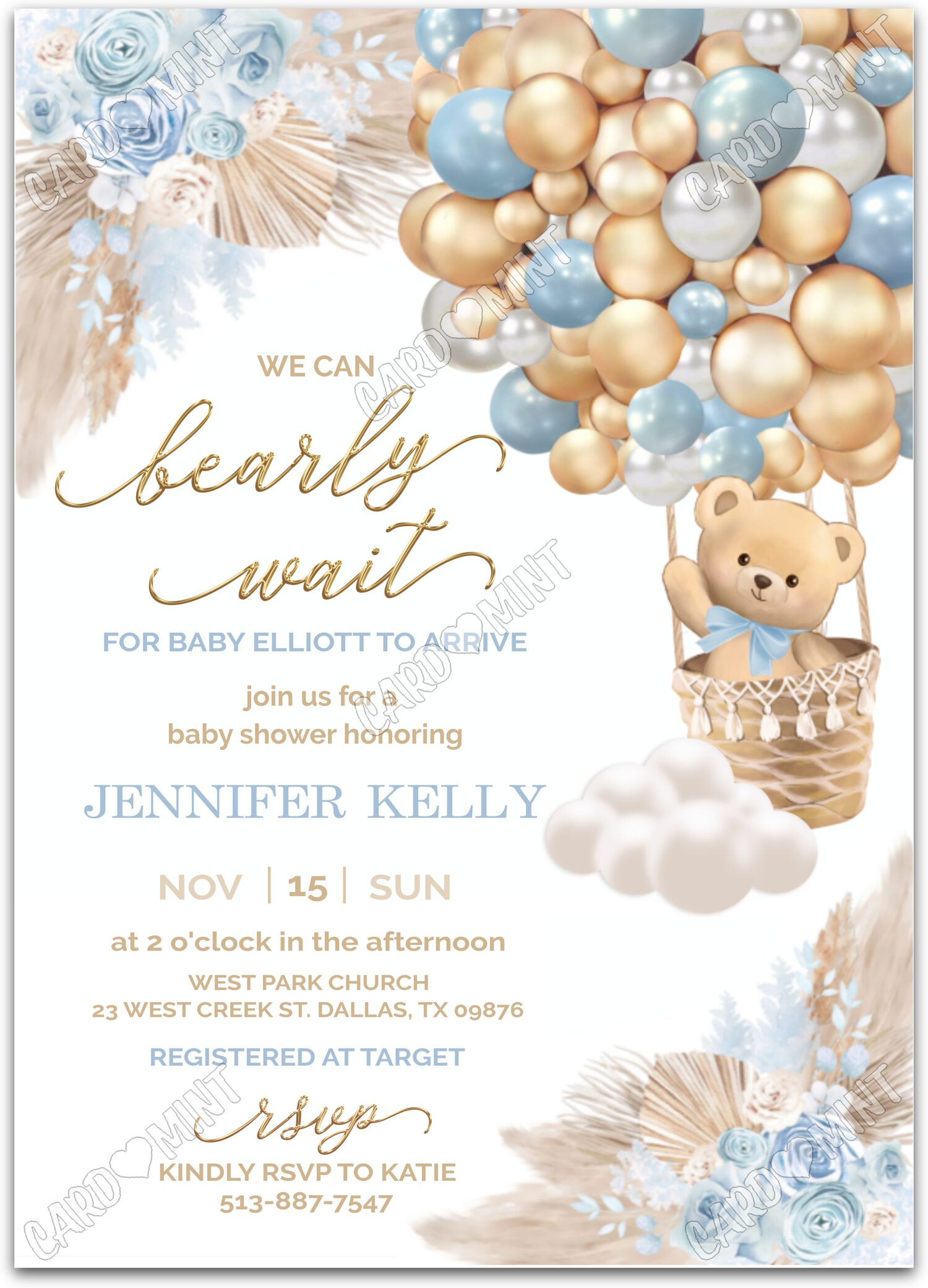 Editable Bearly Wait blue/gold teddy bear & hot air balloons boy Baby Shower 5"x7" Invitation EV1005