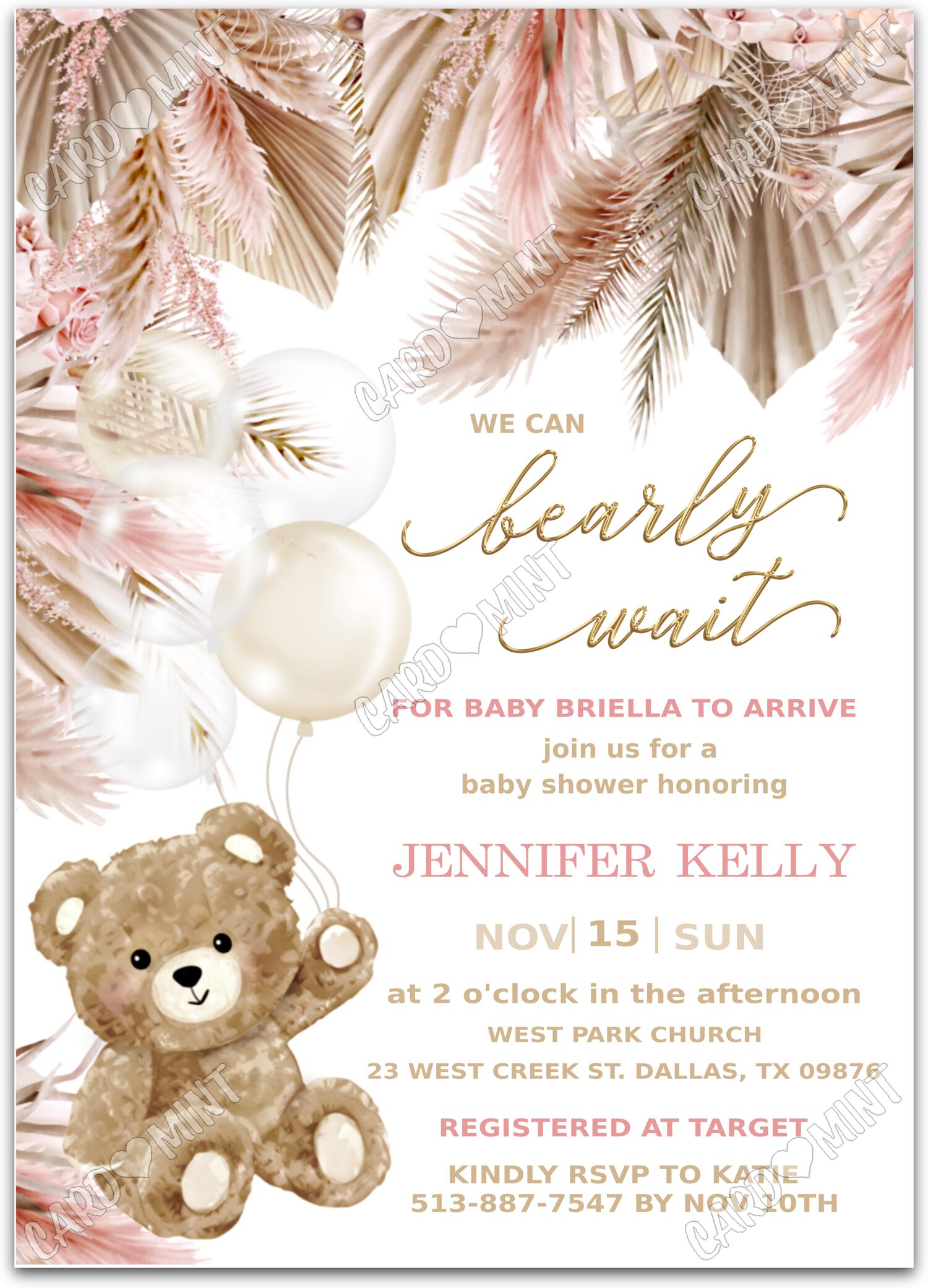 Editable Bearly Wait tan/pink teddy bear & pampas grass girl Baby Shower 5"x7" Invitation EV1006