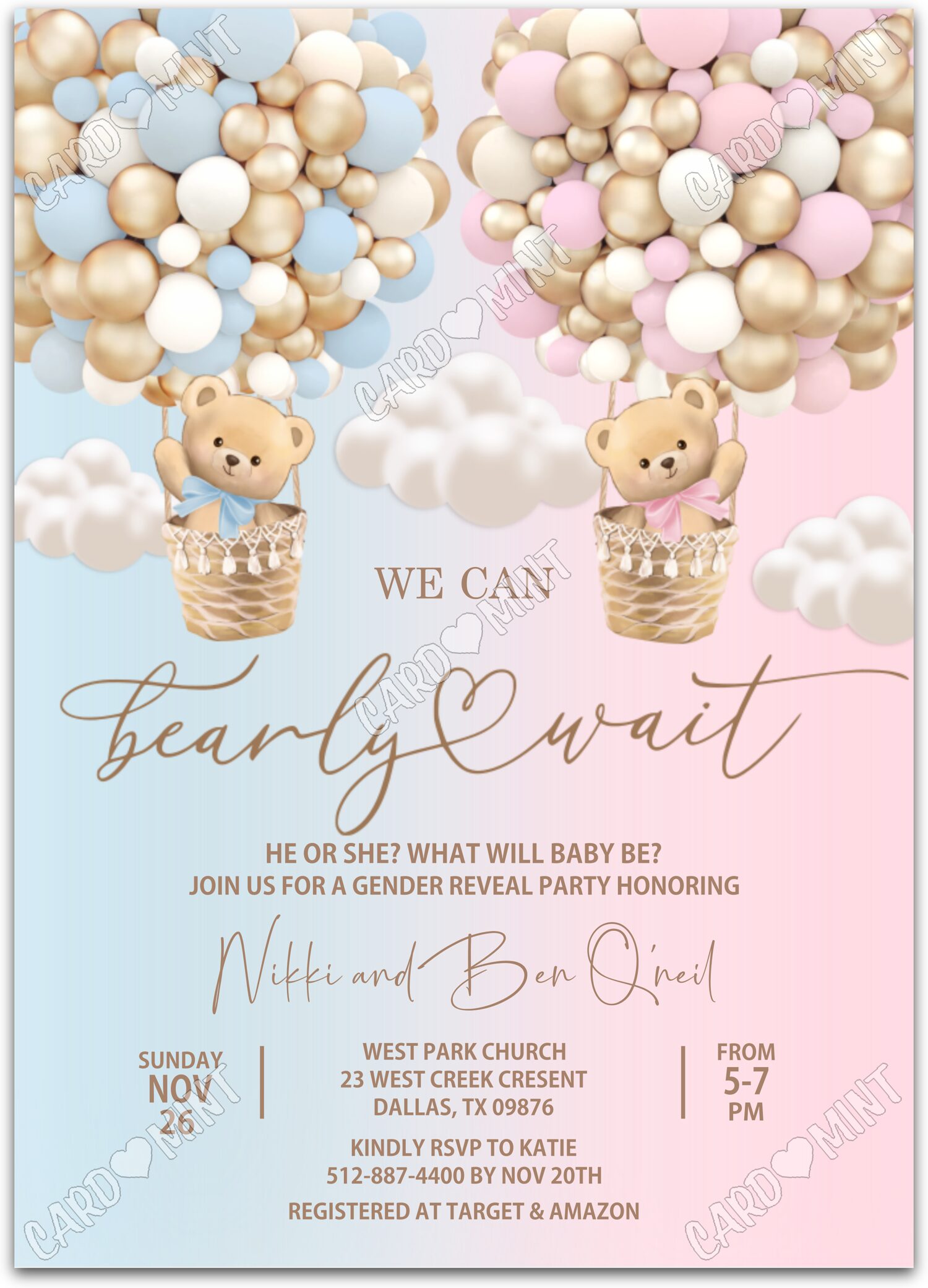 Editable Bearly Wait pink/blue teddy bears & hot air balloons Gender Reveal 5"x7" Invitation EV1007