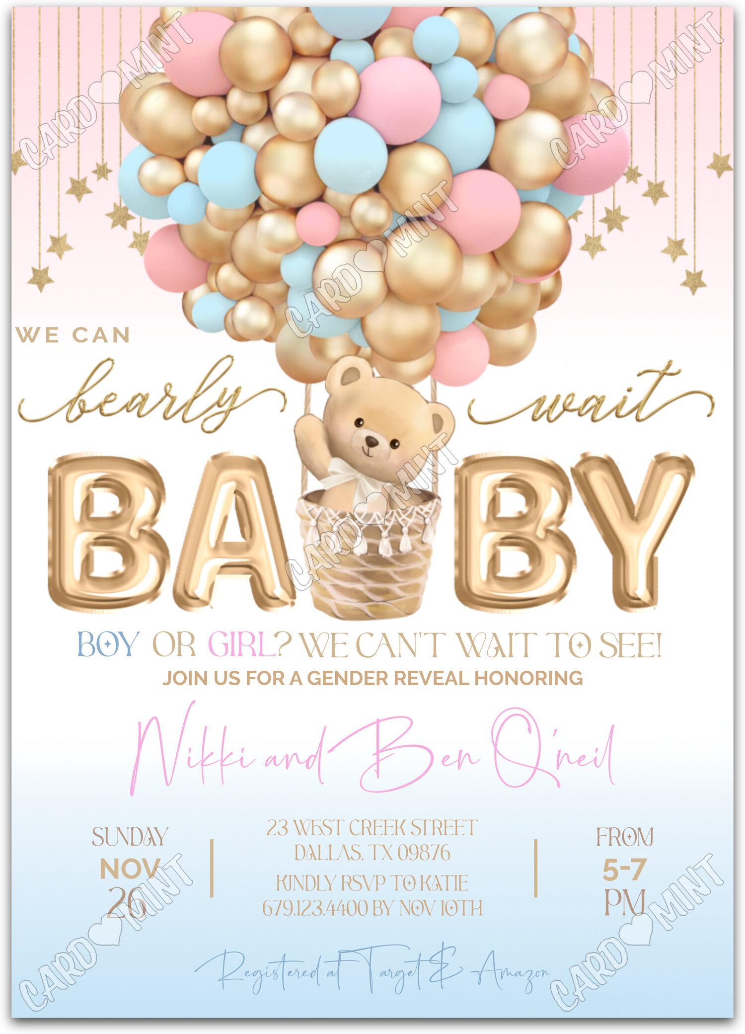 Editable Bearly Wait pink/blue teddy bear & hot air balloons Gender Reveal 5"x7" Invitation EV1009