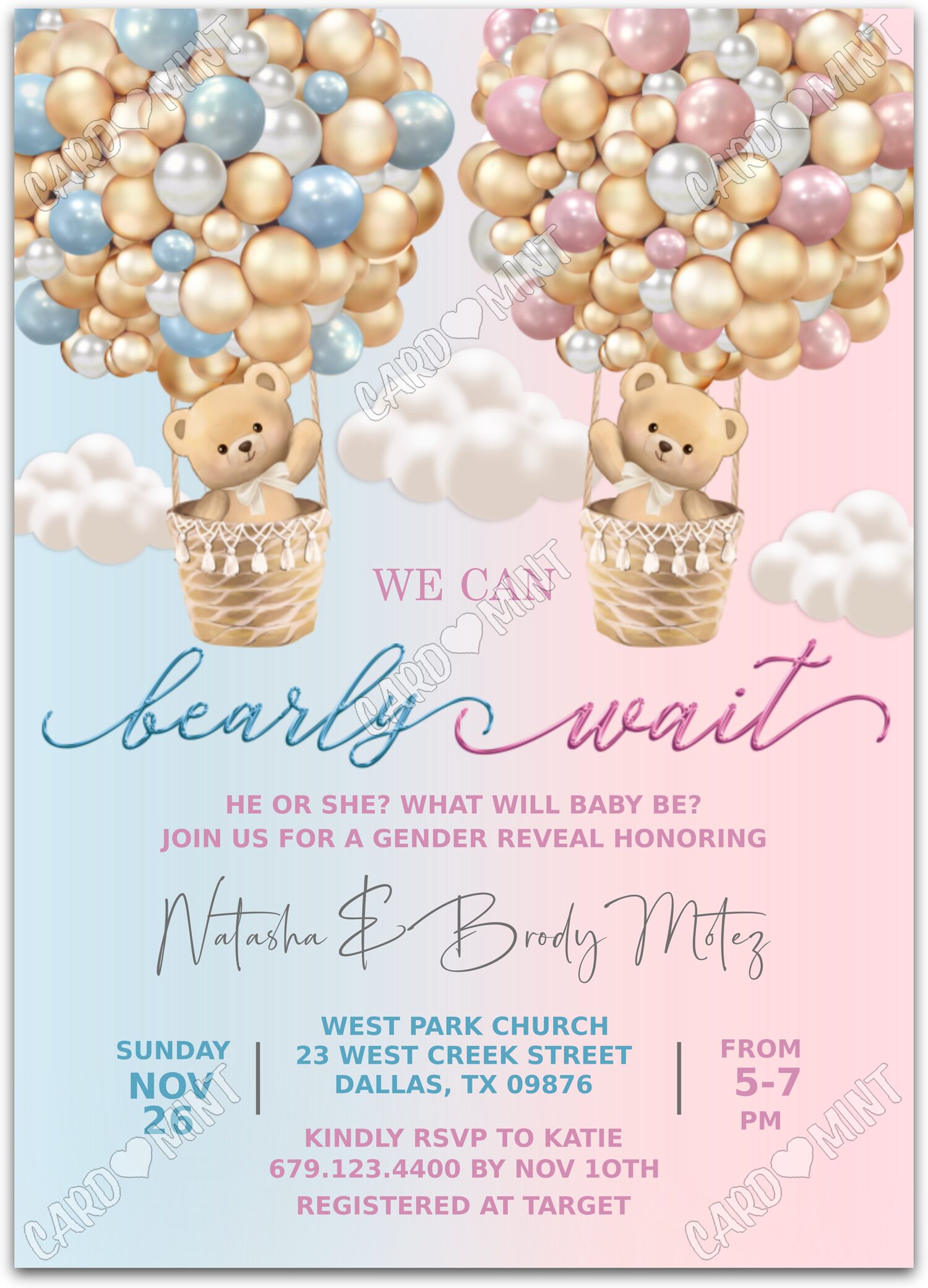 Editable Bearly Wait pink/blue he or she teddy bears Gender Reveal 5"x7" Invitation EV1011