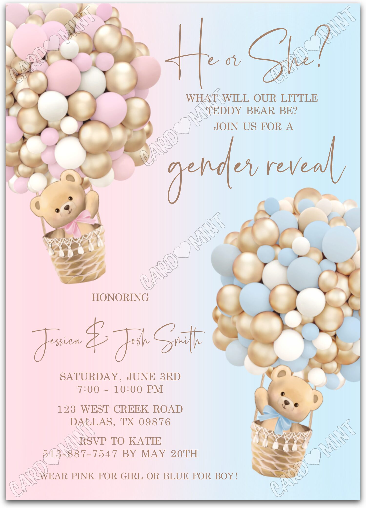 Editable Bearly Wait pink/gold teddy bears & hot air balloons Gender Reveal Invitation EV1012