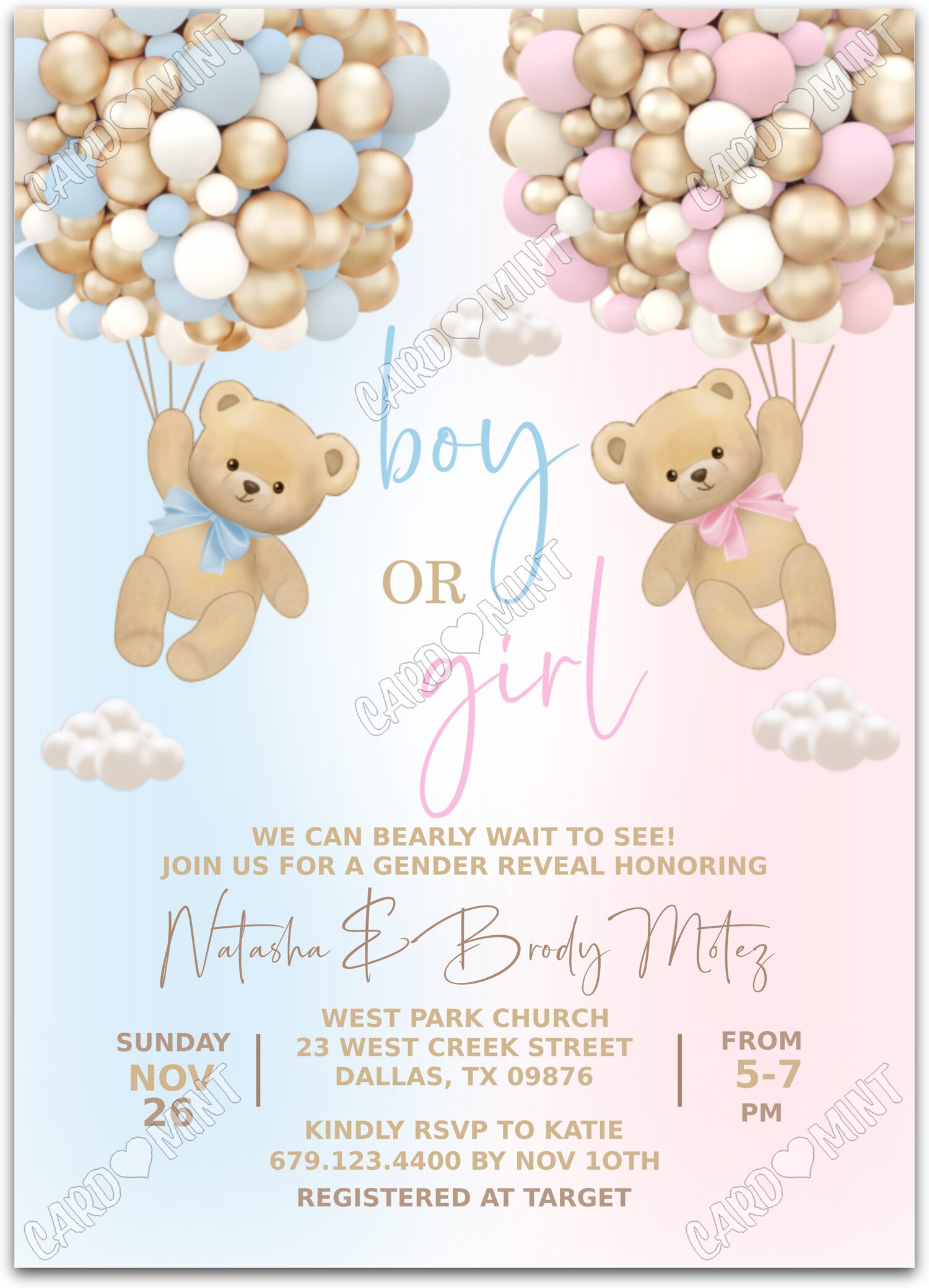 Editable Bearly Wait pink/blue he & she teddy bears Gender Reveal 5"x7" Invitation EV1015