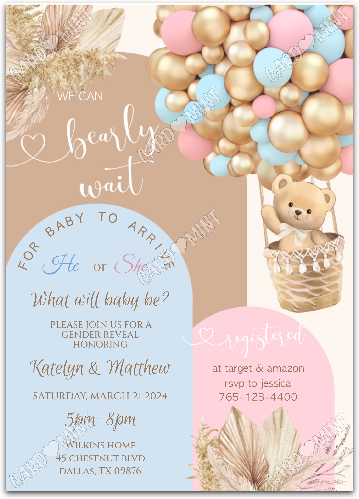 Editable Bearly Wait pink/blue teddy bear & hot air balloons Gender Reveal 5"x7" Invitation EV1021