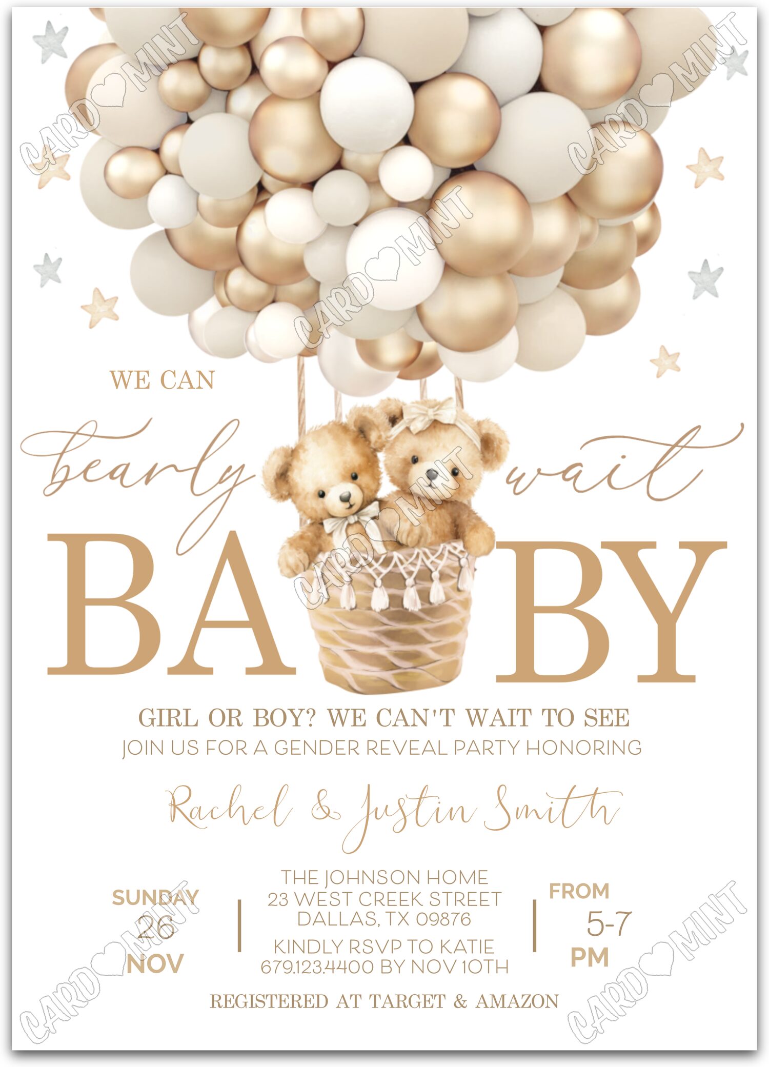 Editable Bearly Wait tan teddy bear & hot air balloons Gender Reveal 5"x7" Invitation EV1022