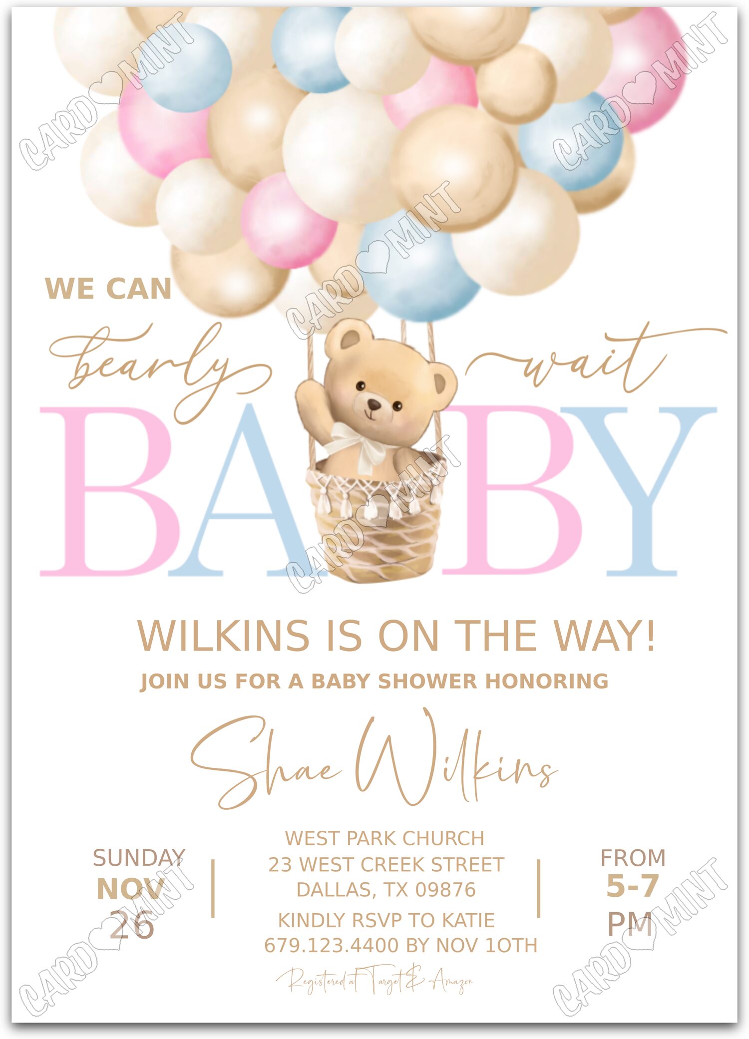 Editable Bearly Wait pink/blue teddy bear & hot air balloons neutral Baby Shower 5"x7" Invitation EV1023