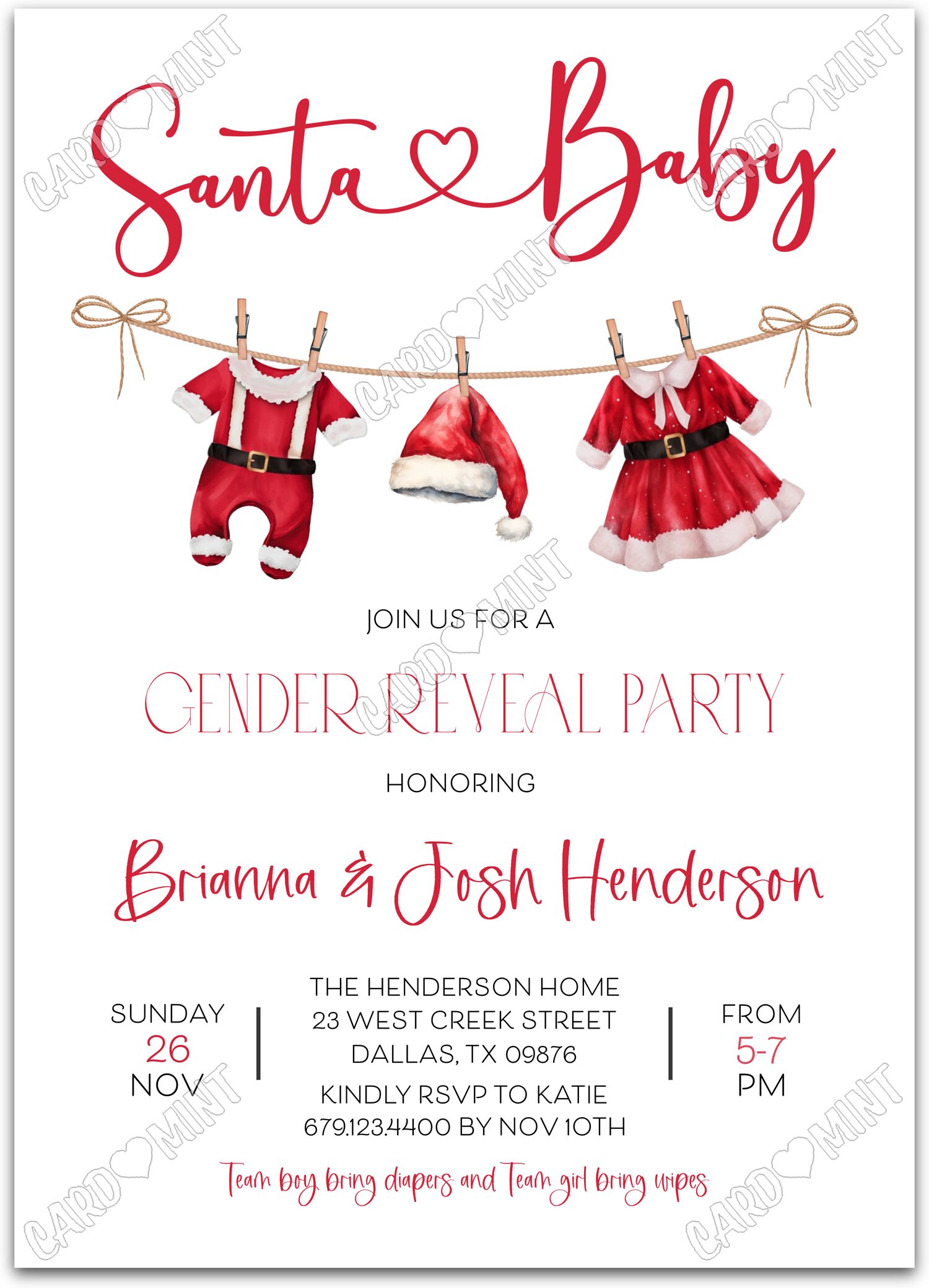 Editable Santa Baby red santa neutral Christmas Baby Shower 5"x7" Invitation EV1025