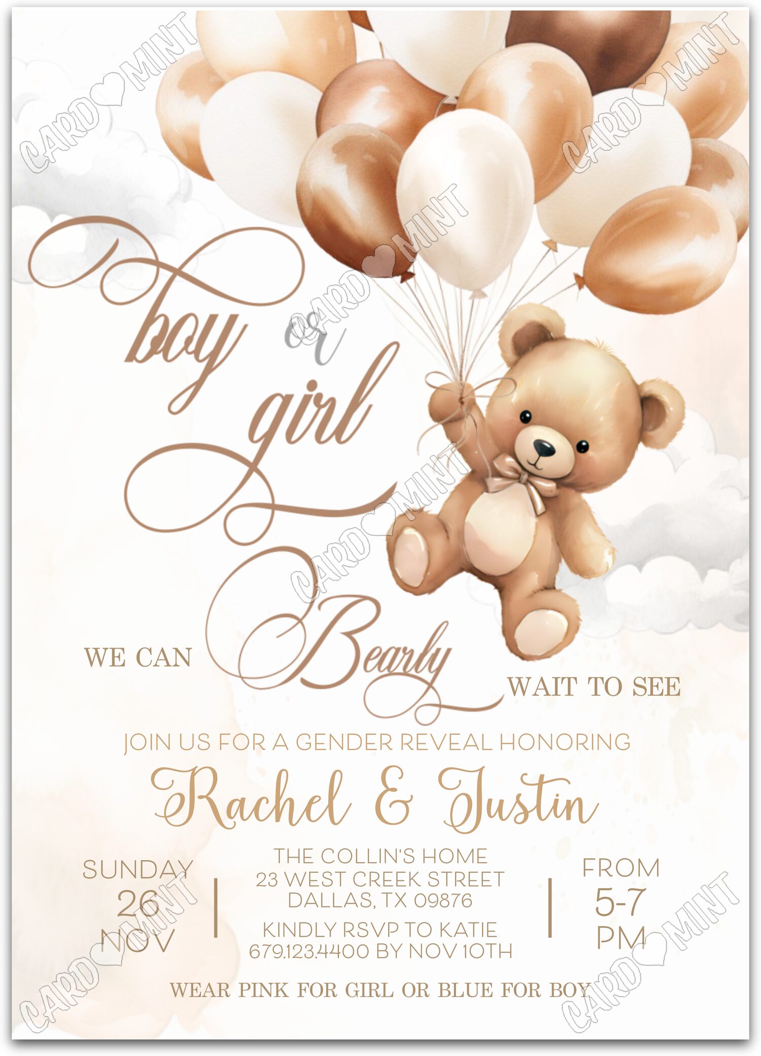 Editable Bearly Wait tan teddy bear & balloons Gender Reveal 5"x7" Invitation EV1033