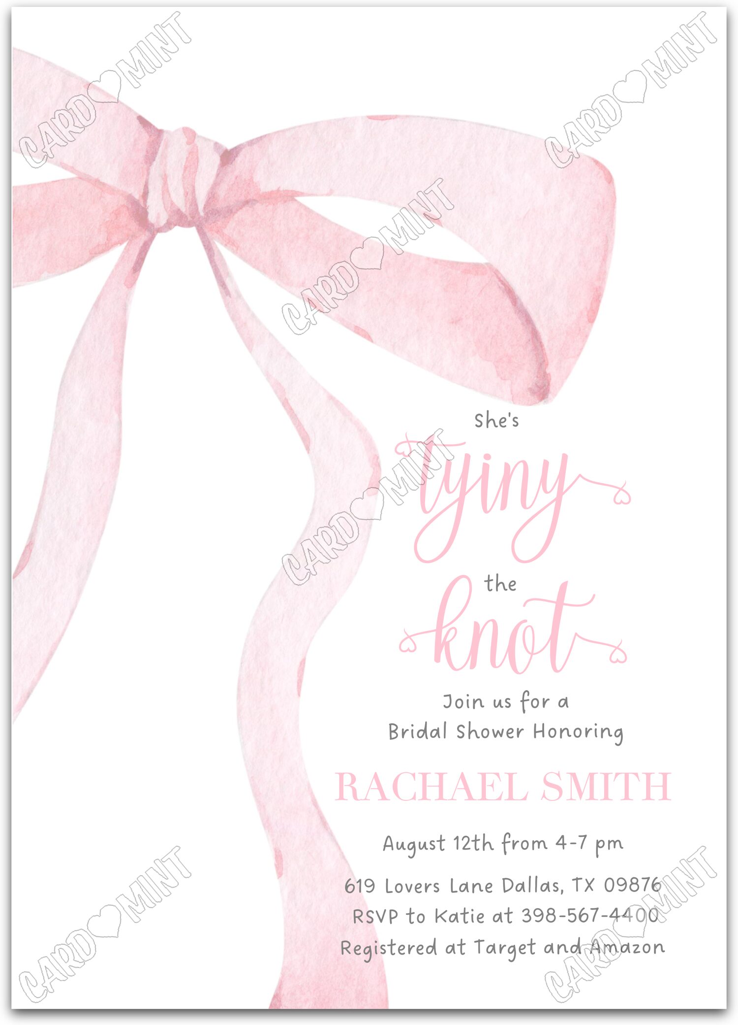 Editable She's Tying the Knot white pink watercolor bow Bridal Shower 5"x7" Invitation EV1039
