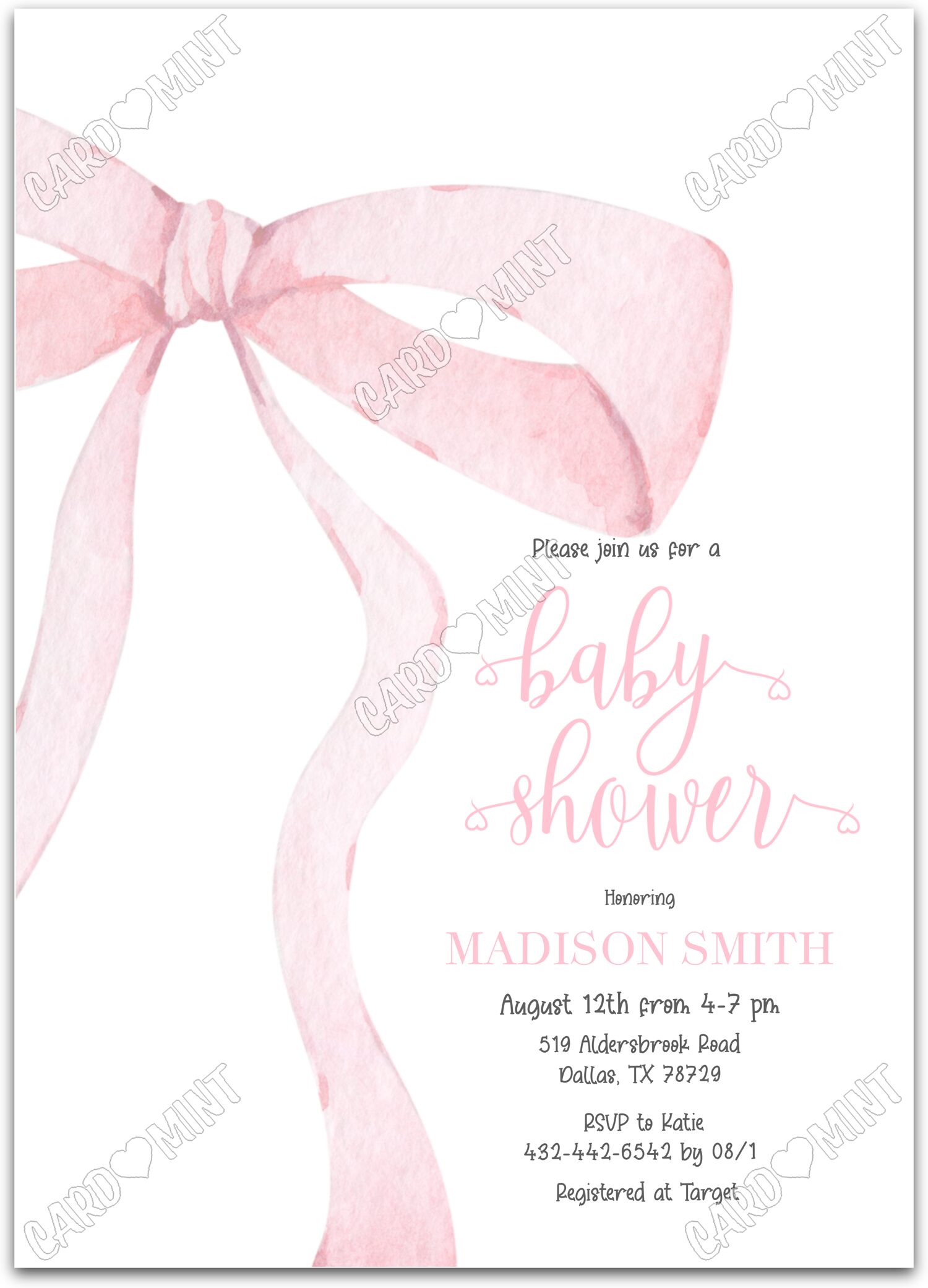 Editable Pink Bow pink watercolor bow girl Baby Shower 5"x7" Invitation EV1047