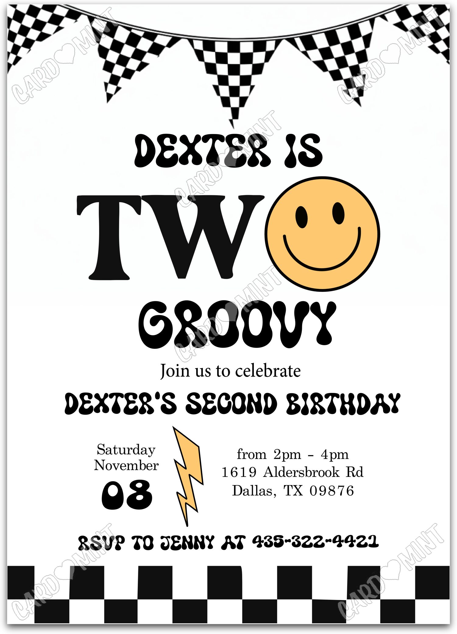 Editable Two Groovy black checkered flag boy 2nd Birthday Party 5"x7" Invitation EV1060