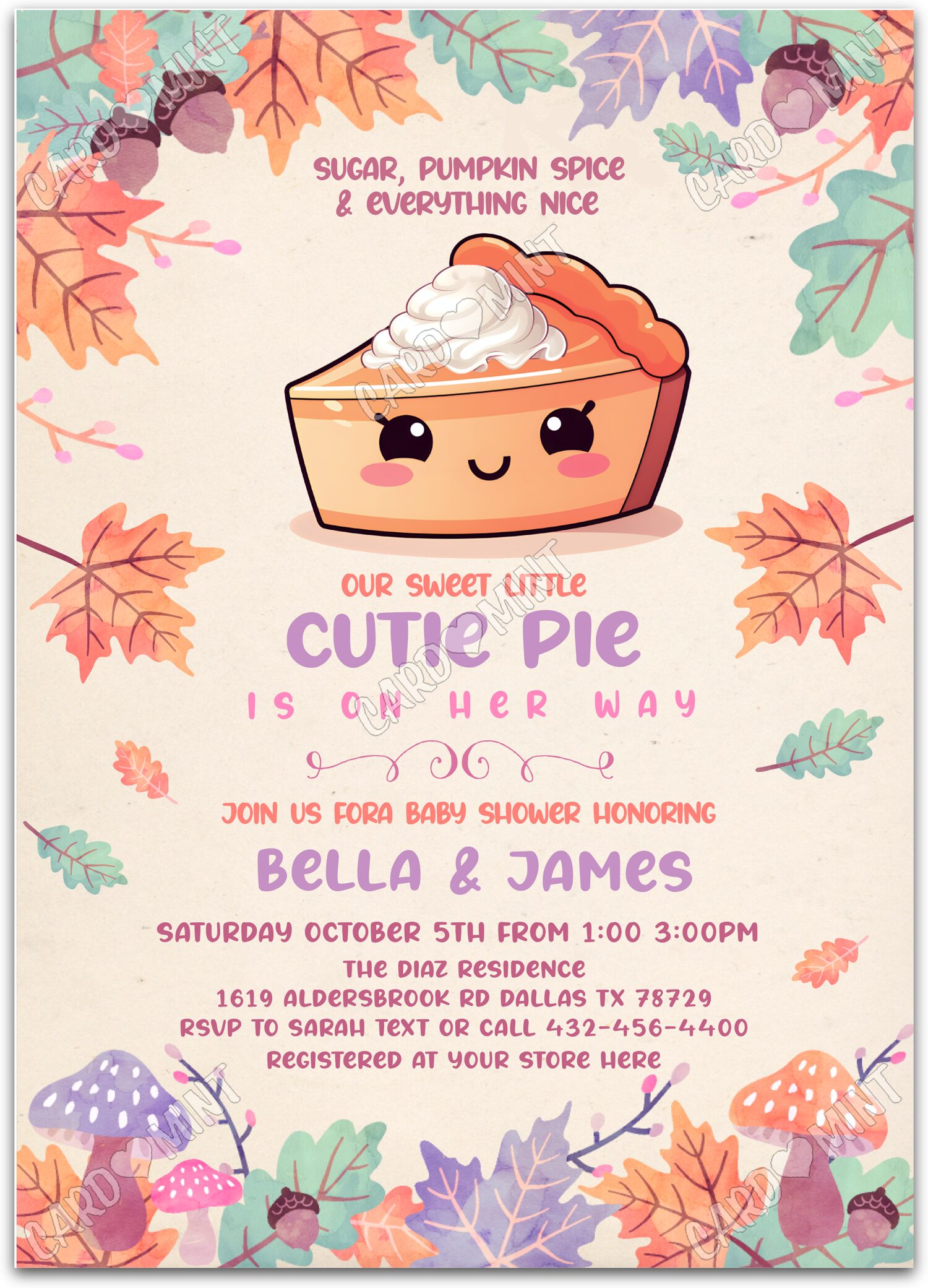 Editable Cutie Pie orange/green pie girl fall Baby Shower 5"x7" Invitation EV1064
