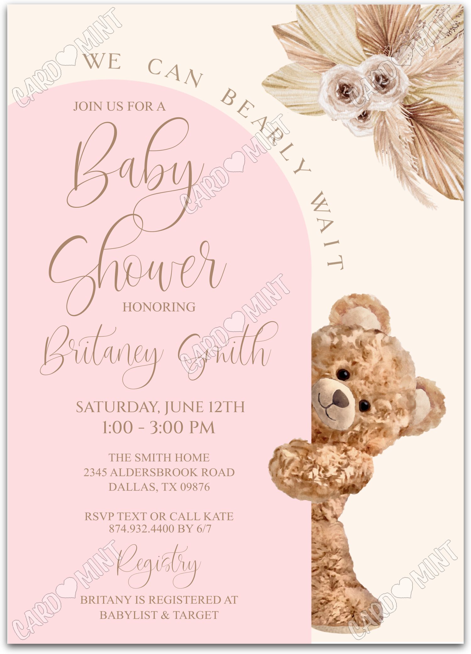 Editable Bearly Wait pink teddy bear girl Baby Shower 5"x7" Invitation EV1066