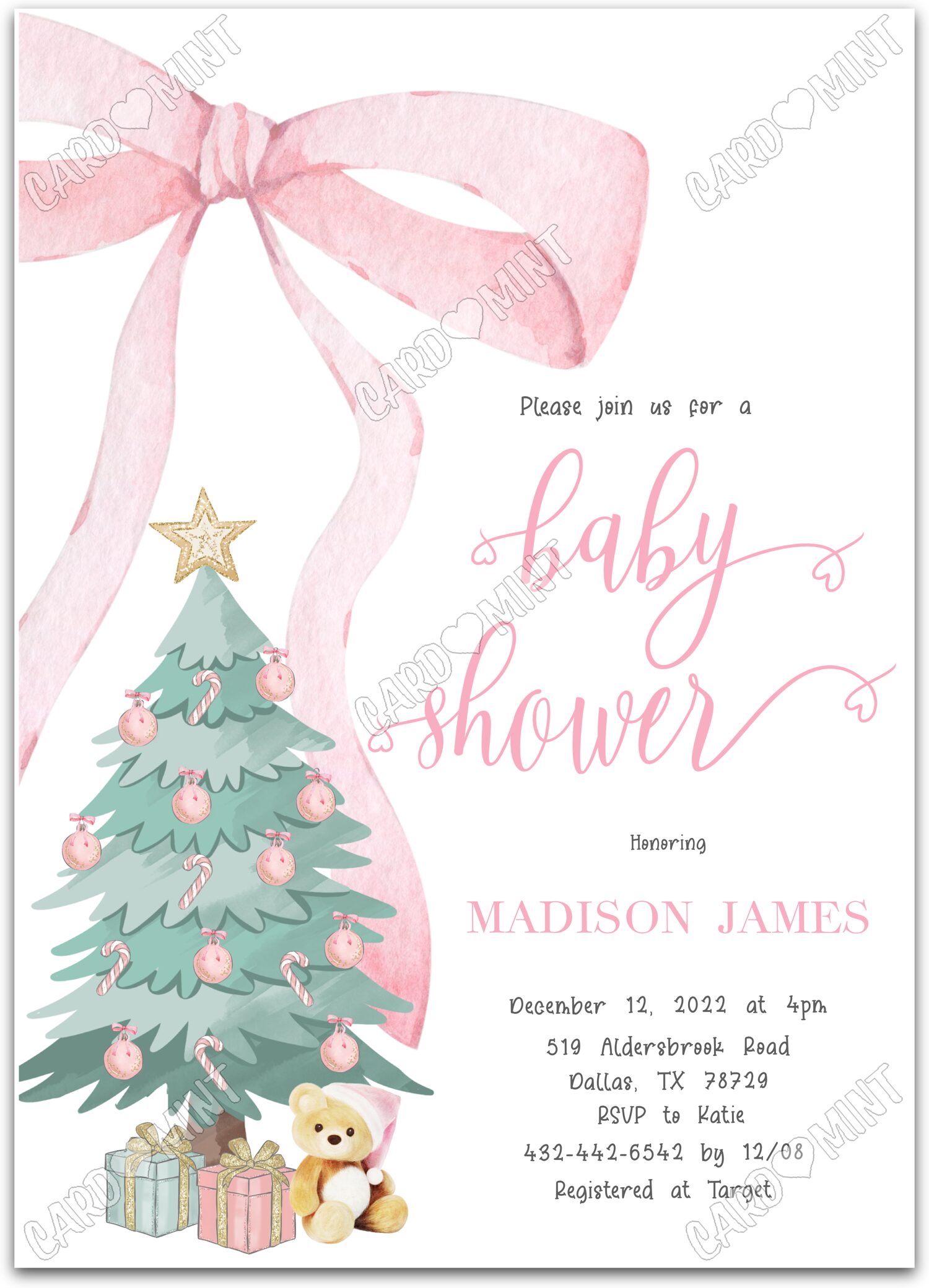Editable Pink Bow pink christmas tree girl Christmas Baby Shower 5"x7" Invitation EV1068