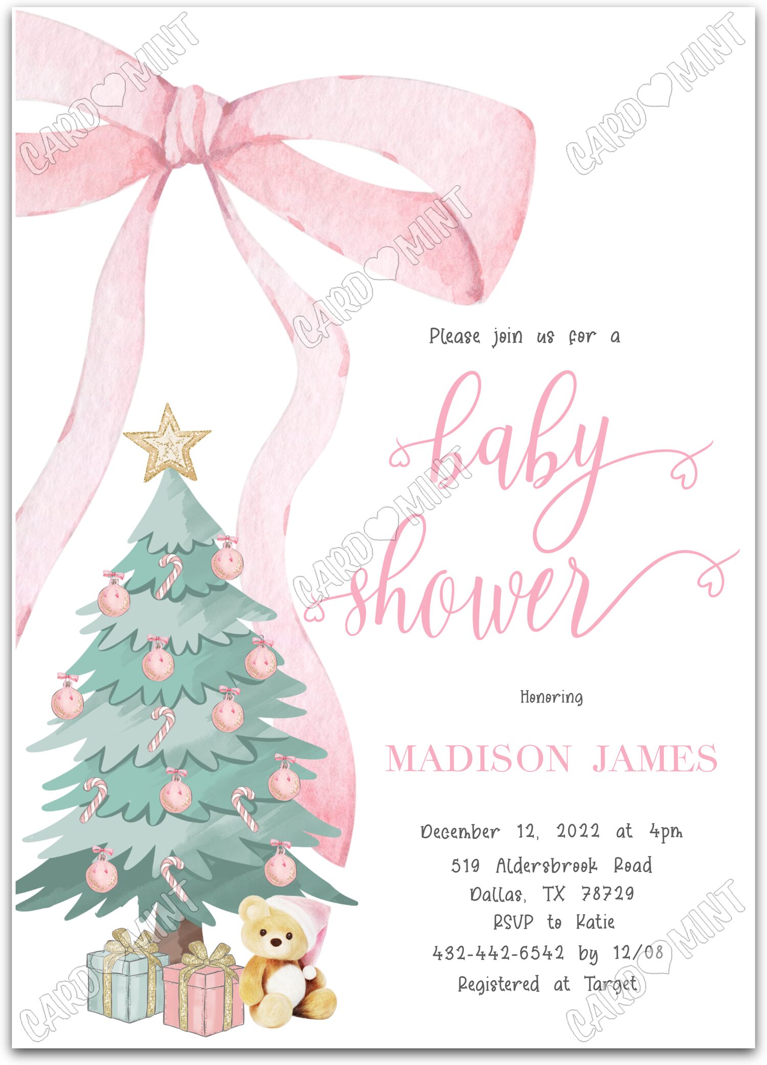 Editable Pink Bow pink christmas tree girl winter Christmas Baby Shower 5"x7" Invitation EV1068