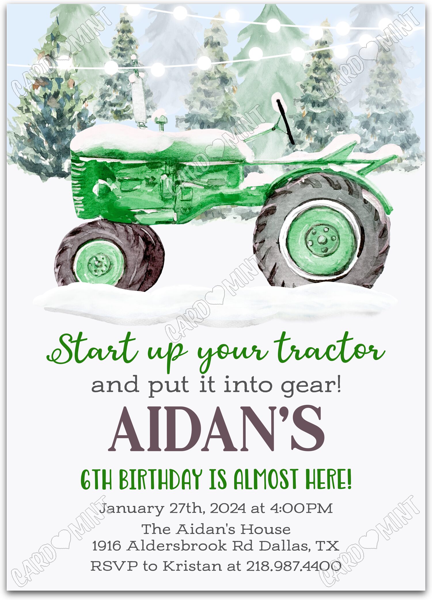 Editable Start Up Your Tractor green tractor boy winter Birthday Party 5"x7" Invitation EV1075