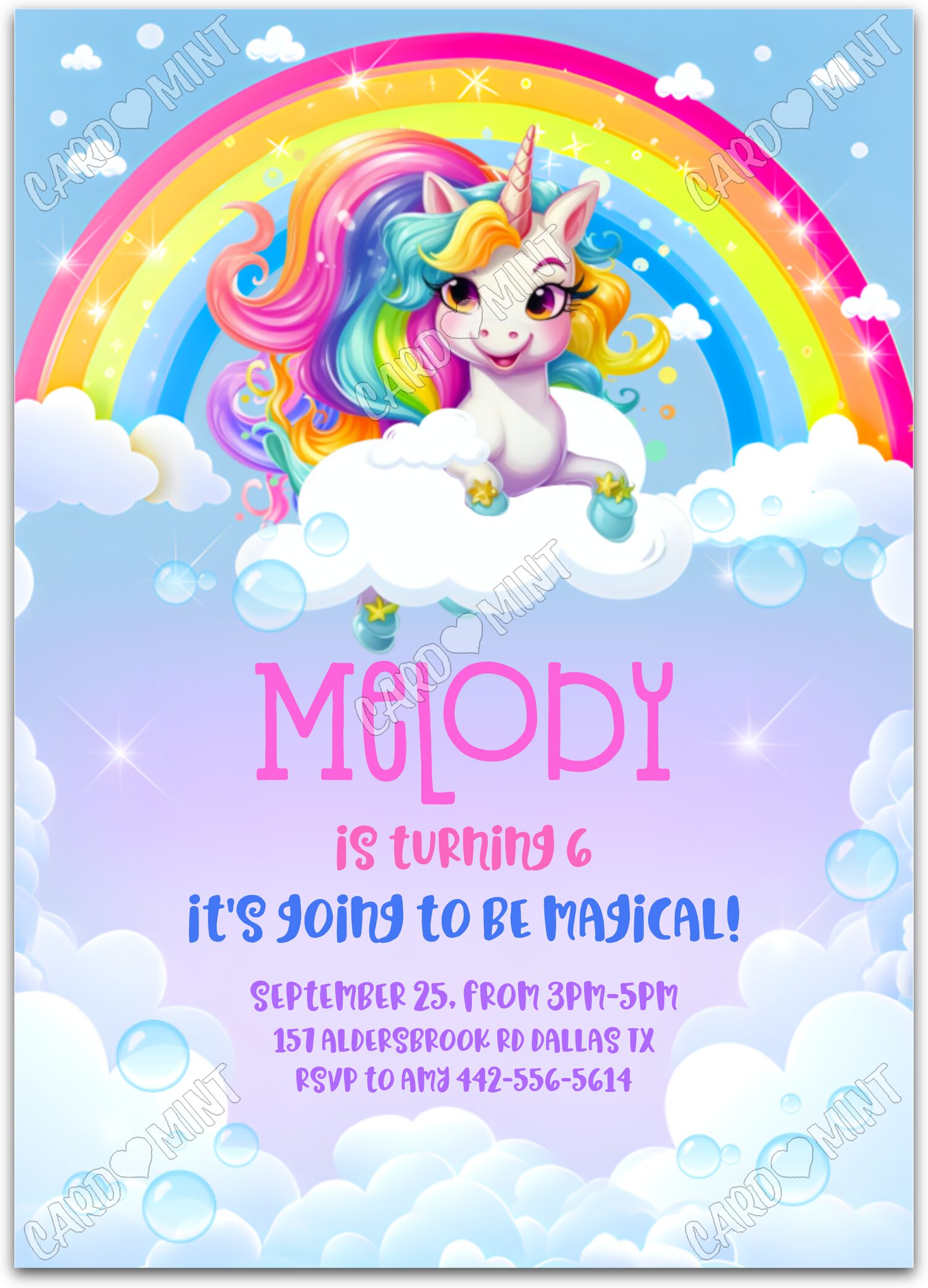 Editable Pop on By rainbow unicorn girl Birthday Party 5"x7" Invitation EV1097