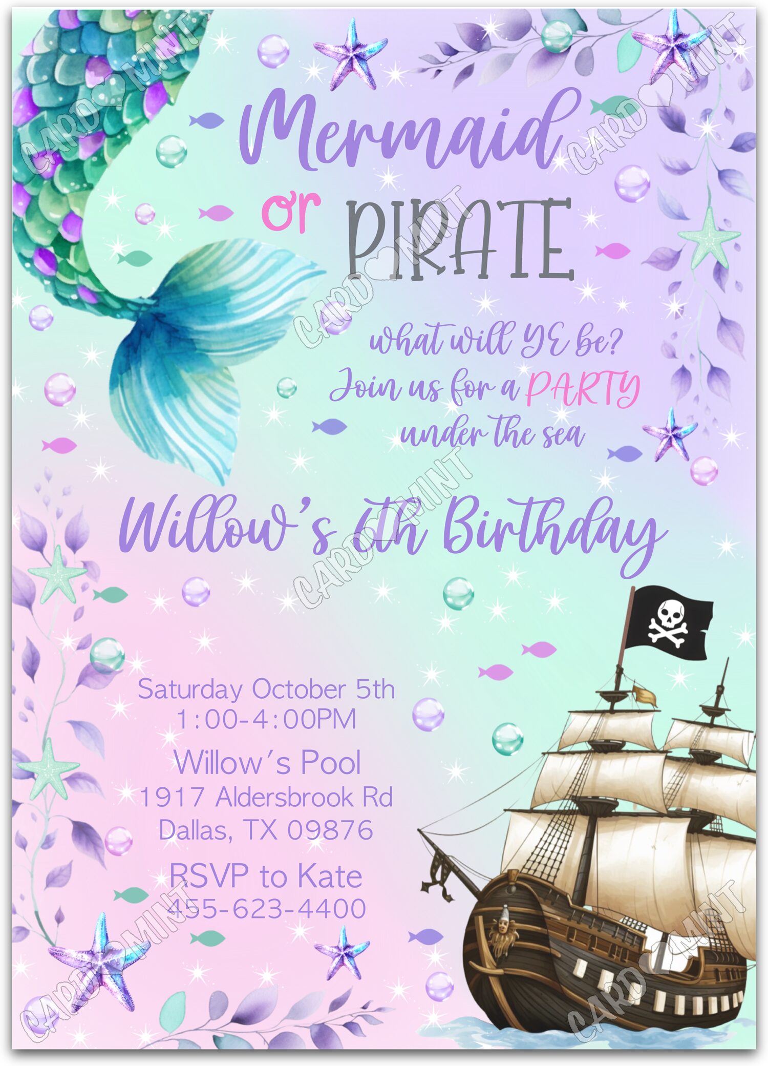 Editable Mermaid or Pirate pink/blue mermaid tail & pirate ship girl Birthday Party 5"x7" Invitation EV1110