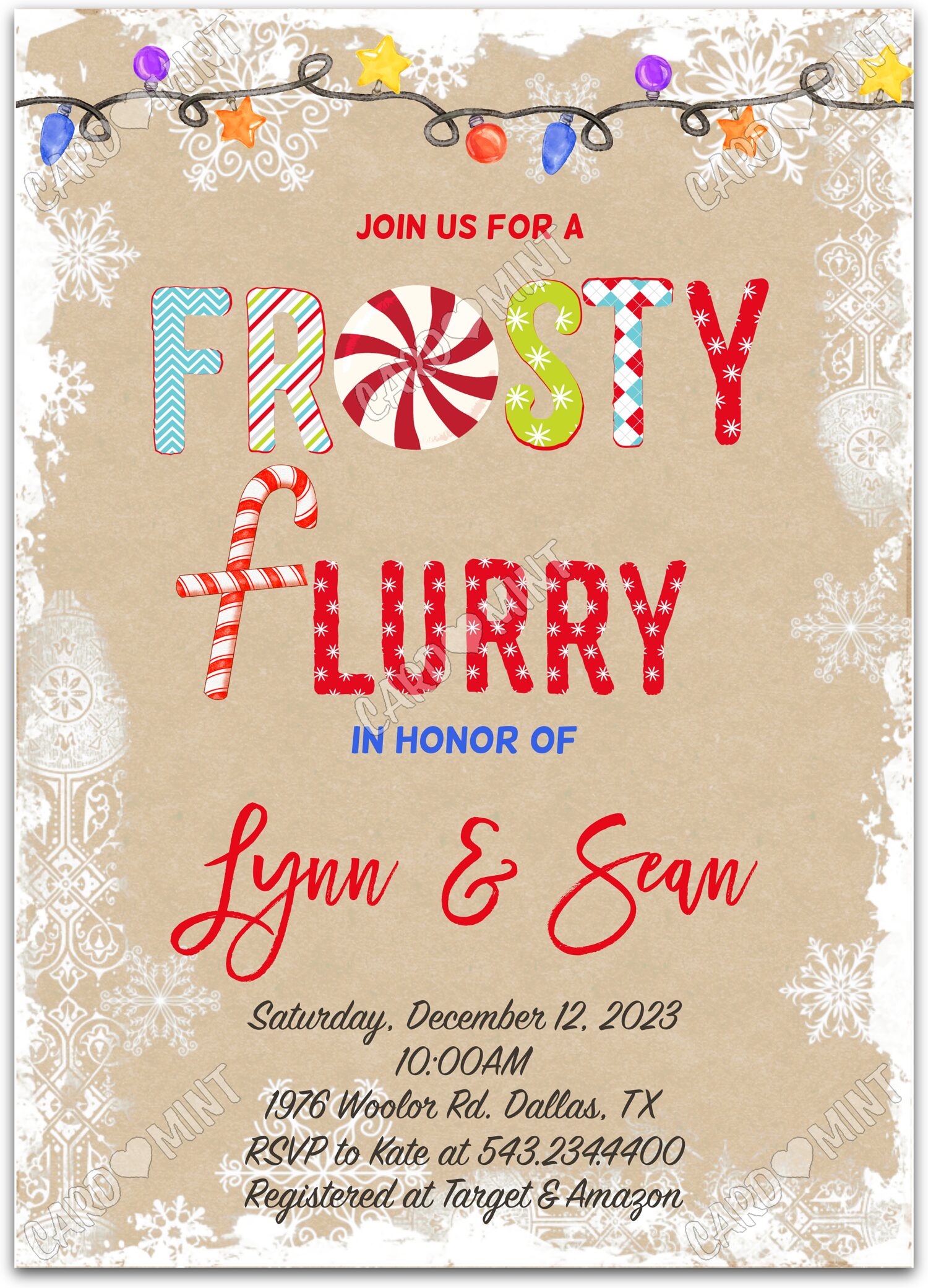 Editable Frosty Flurry tan peppermint Christmas Baby Shower 5"x7" Invitation EV1117