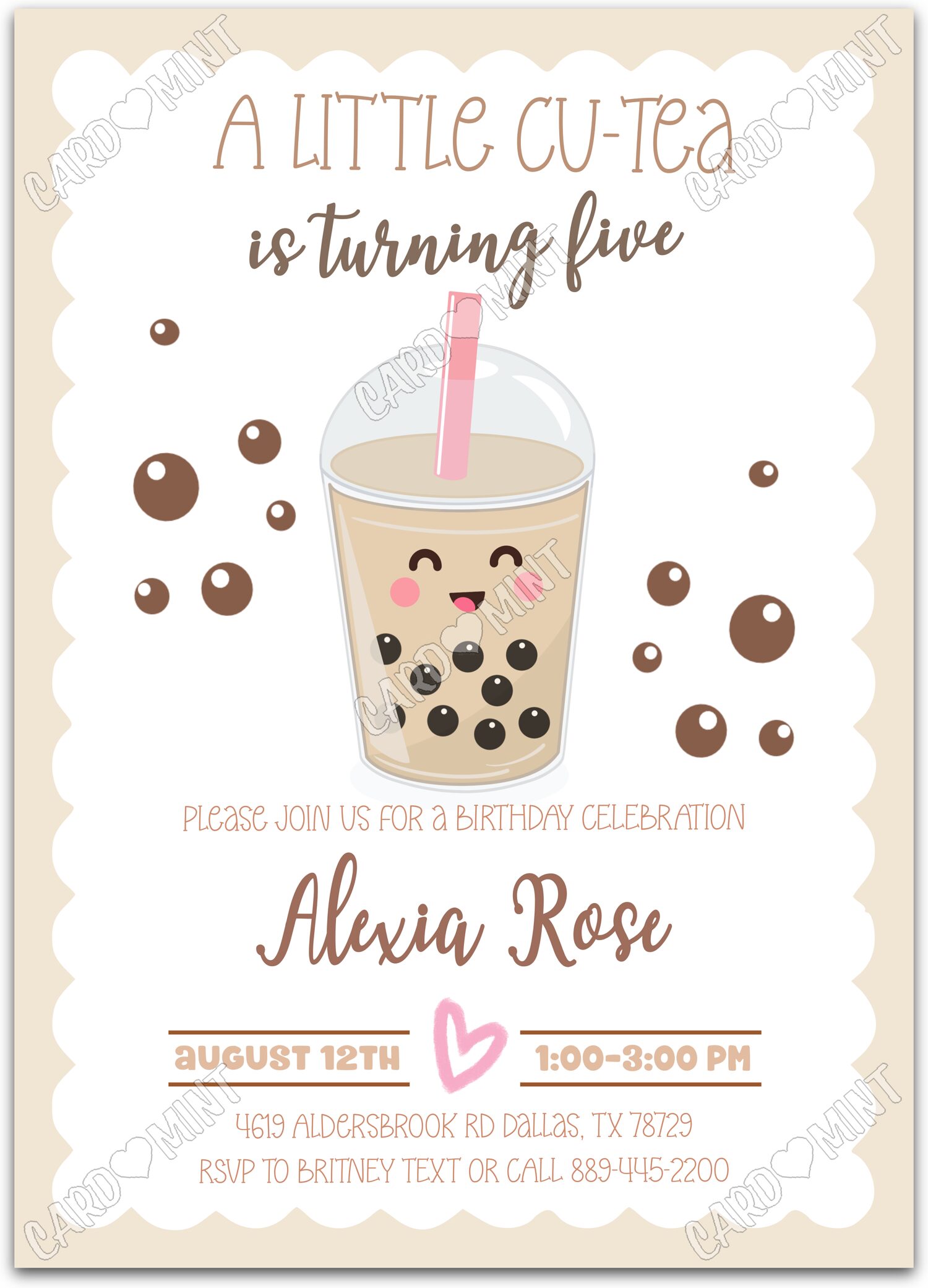 Editable Little Cu-Tea tan bubble tea girl Birthday Party 5"x7" Invitation EV1118