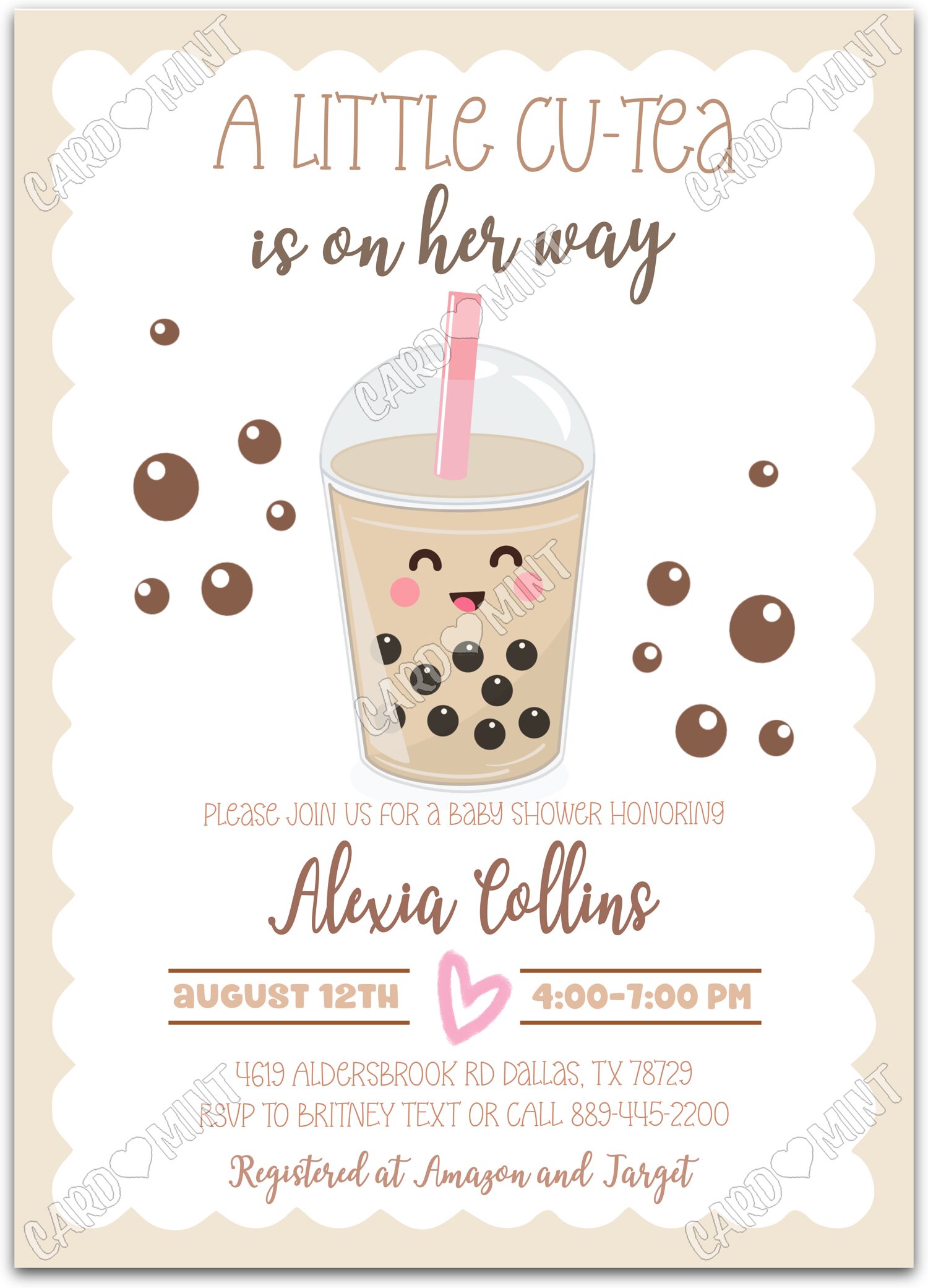 Editable Little Cu-Tea tan bubble tea neutral Baby Shower 5"x7" Invitation EV1119