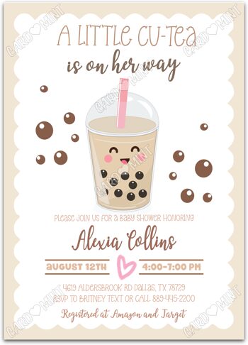 Editable Little Cu-Tea Baby Shower Invitation printable or evite for neutral with bubble tea, tan EV1119
