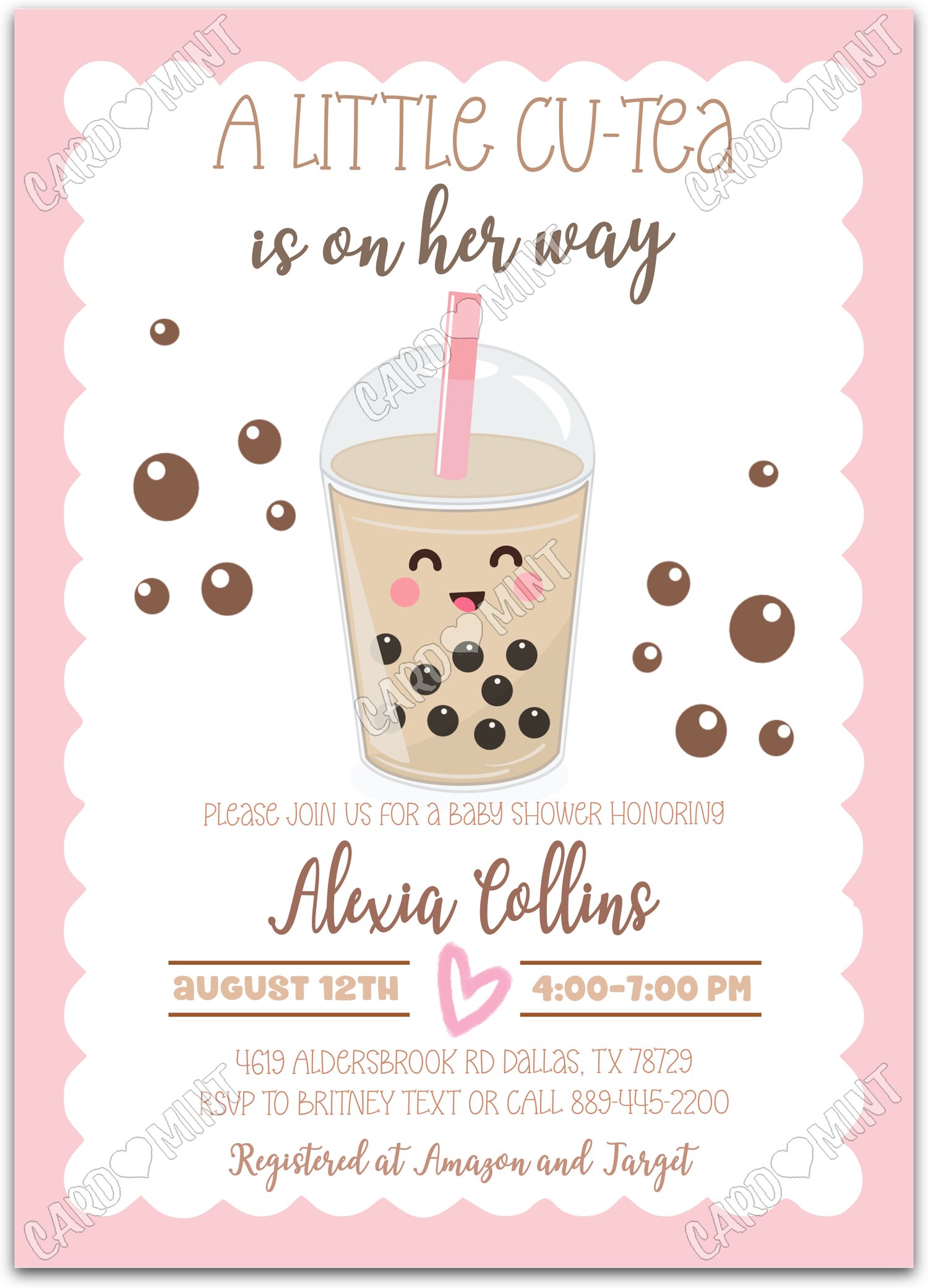 Editable Cu-Tea pink bubble tea girl Baby Shower 5"x7" Invitation EV1120