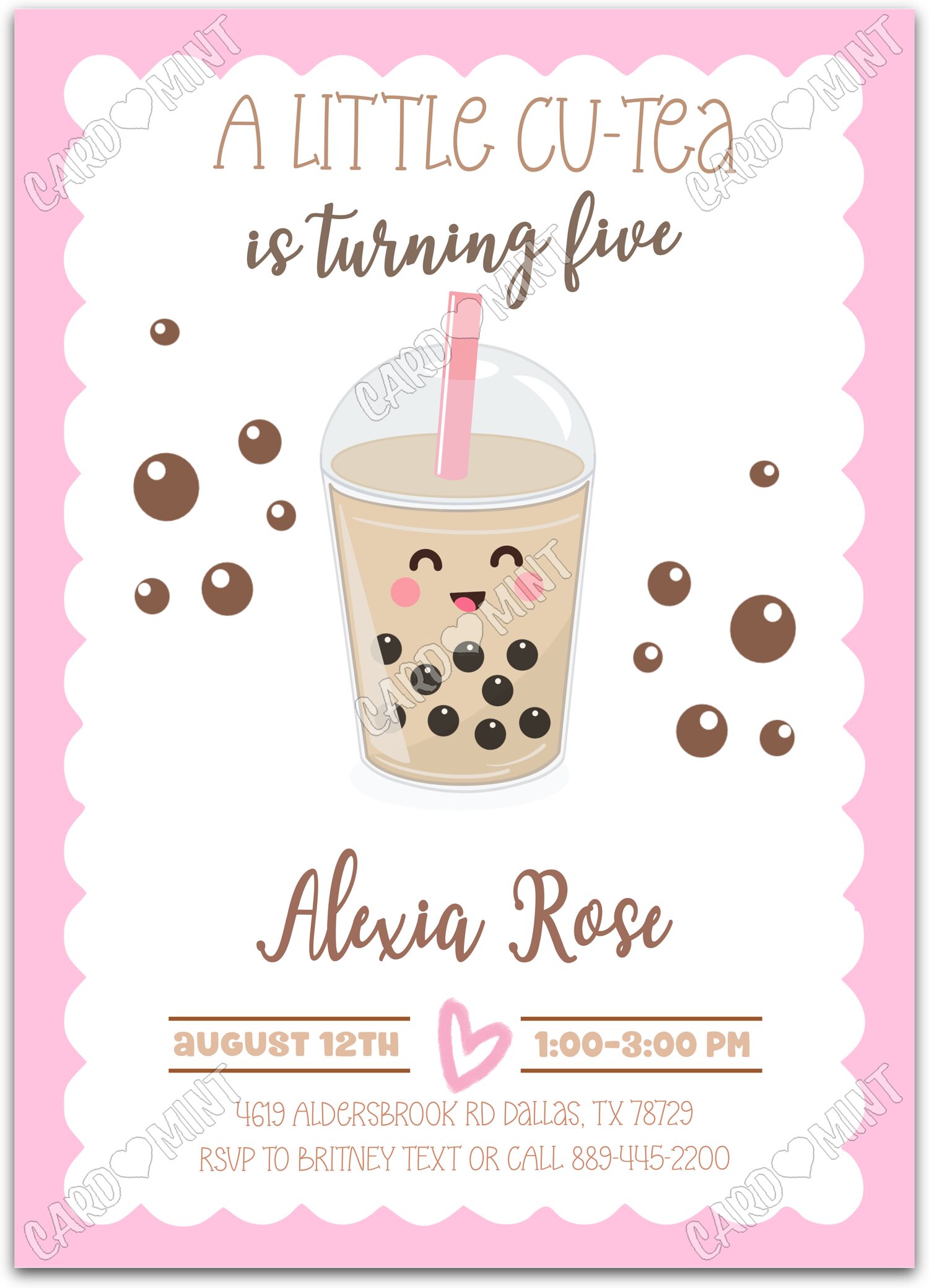 Editable Little Cu-Tea pink bubble tea girl Birthday Party 5"x7" Invitation EV1121