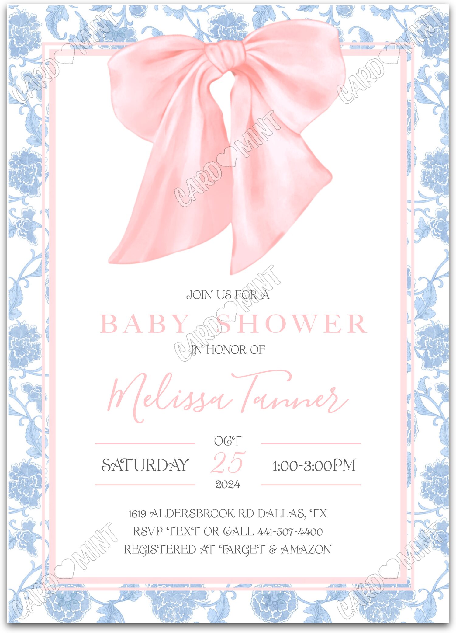 Editable In Honor Of pink/blue bow girl Baby Shower 5"x7" Invitation EV1123