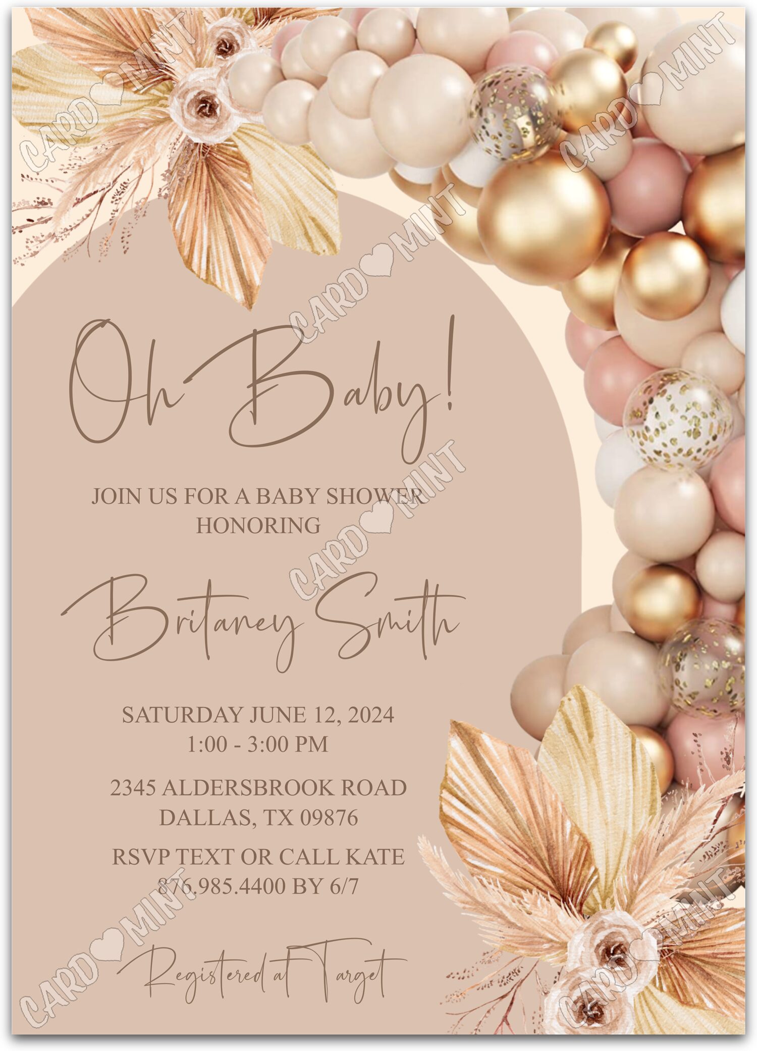 Editable Oh Baby! tan balloons girl Baby Shower 5"x7" Invitation EV1127