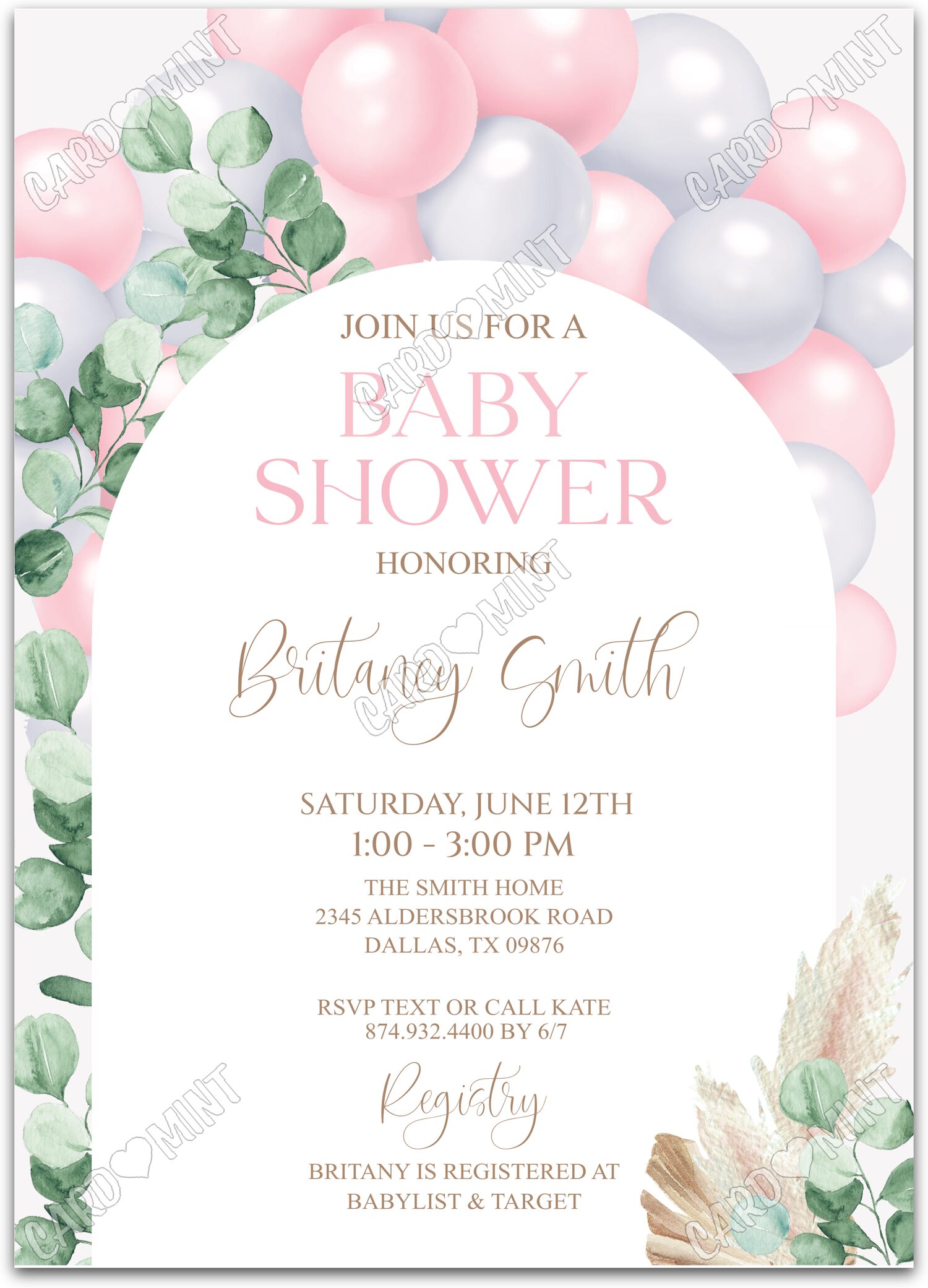 Editable Honoring pink/gray leaves & balloons girl Baby Shower 5"x7" Invitation EV1133