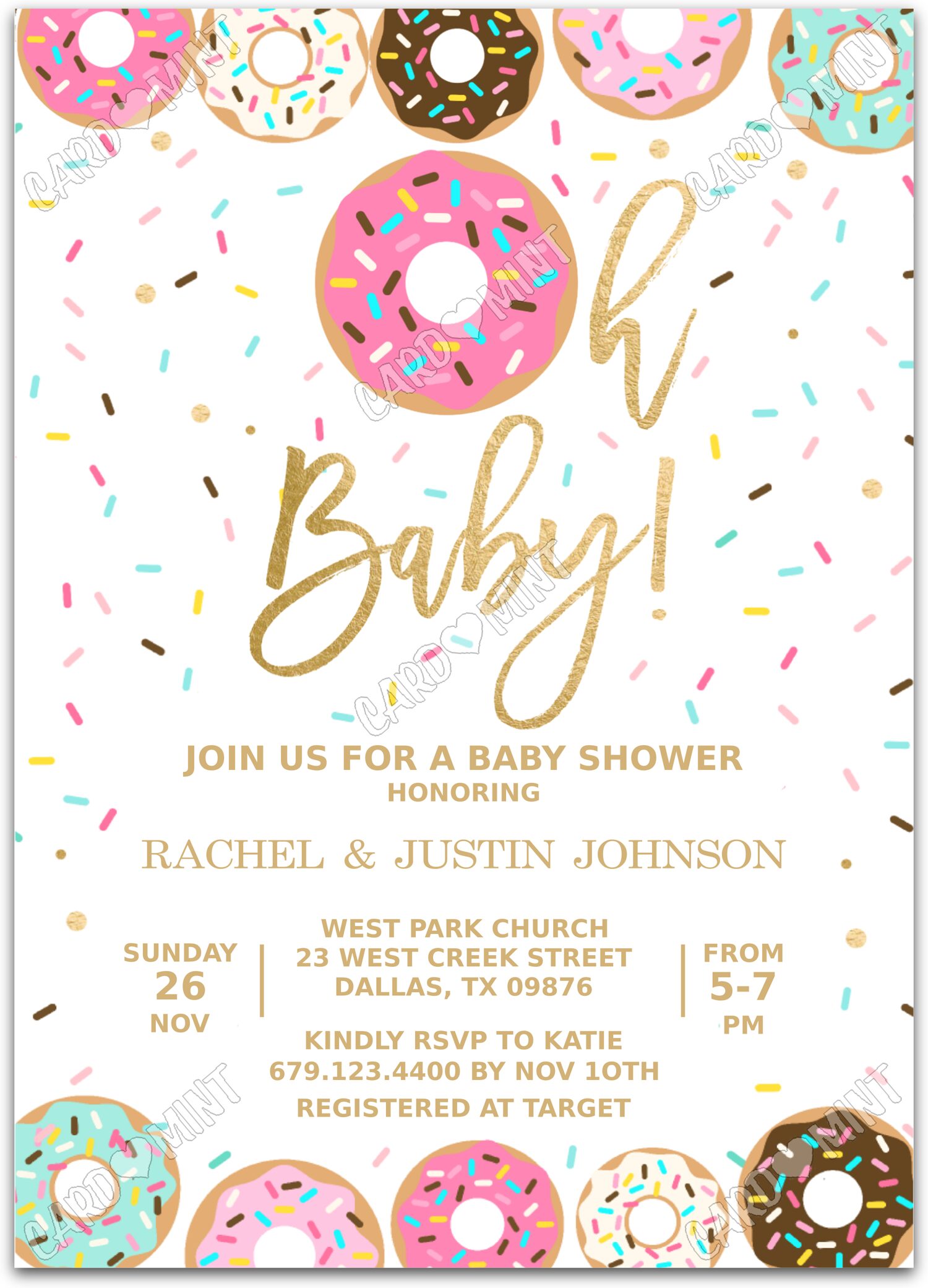 Editable Oh Baby! pink donut girl Baby Shower 5"x7" Invitation EV1145