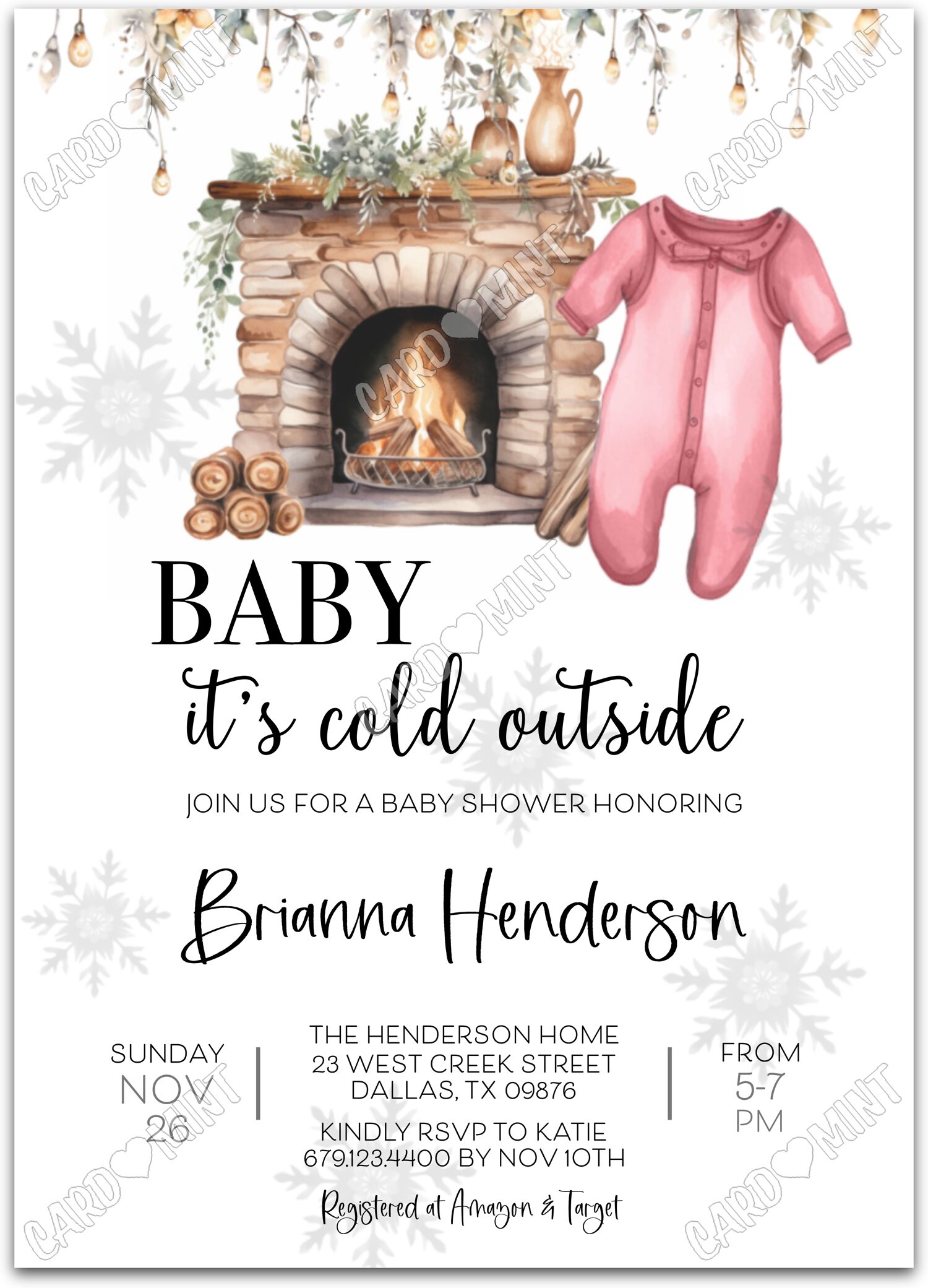 Editable Baby It's Cold Outside tan/pink fireplace & sleeper girl winter Baby Shower 5"x7" Invitation EV1151