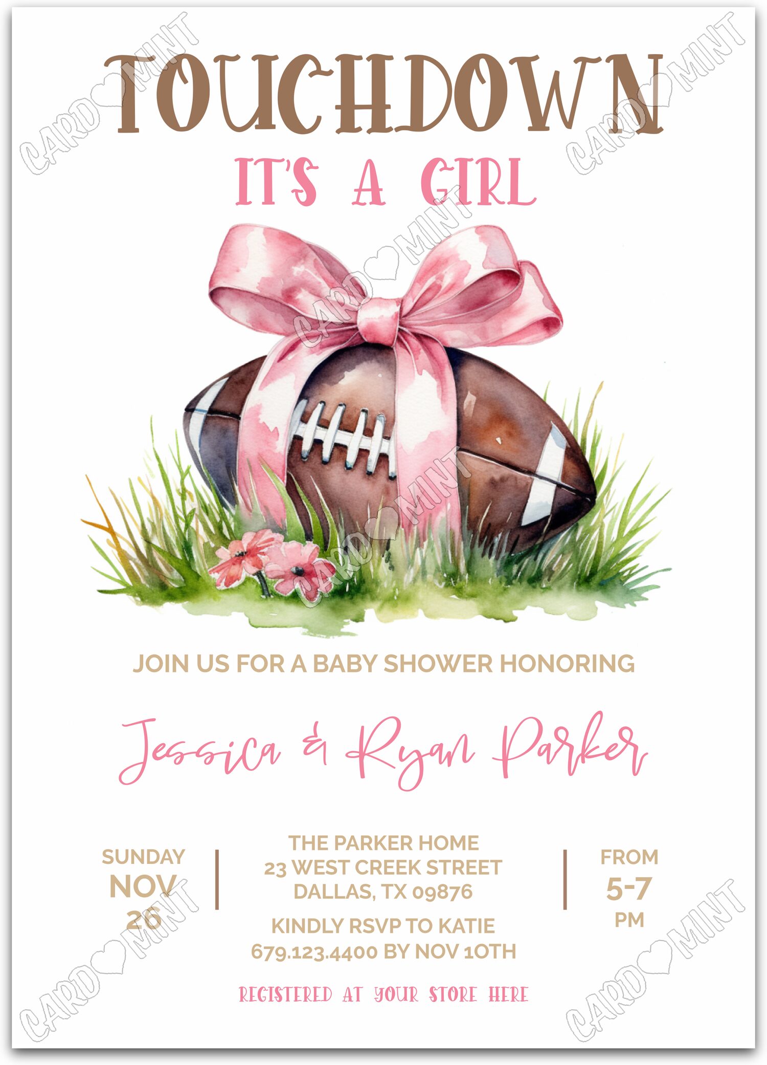 Editable Touchdown tan/pink football girl Baby Shower 5"x7" Invitation EV1153