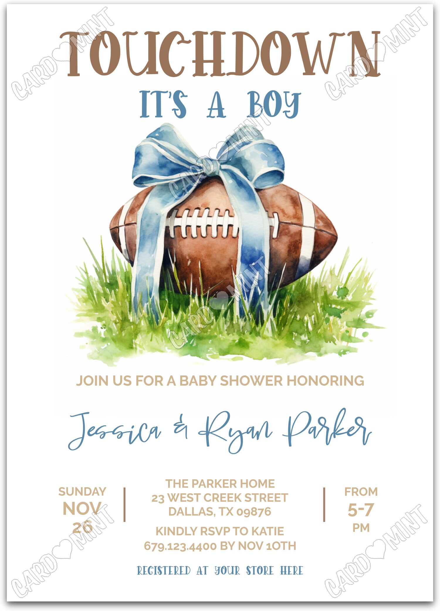 Editable Touchdown blue/tan football boy Baby Shower 5"x7" Invitation EV1154