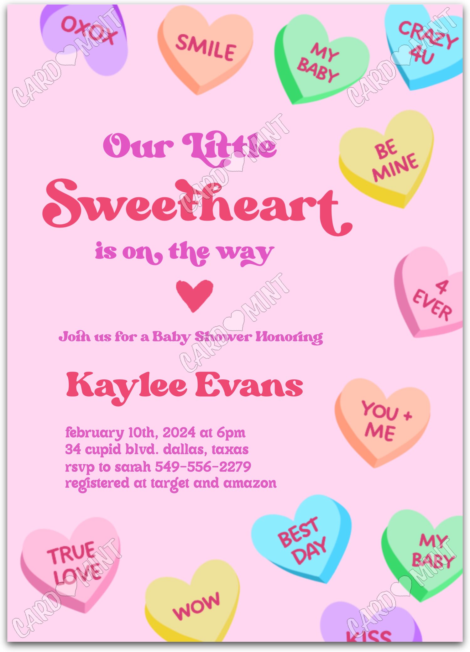 Editable Our Little Sweetheart pink hearts girl Valentines Baby Shower 5"x7" Invitation EV1156