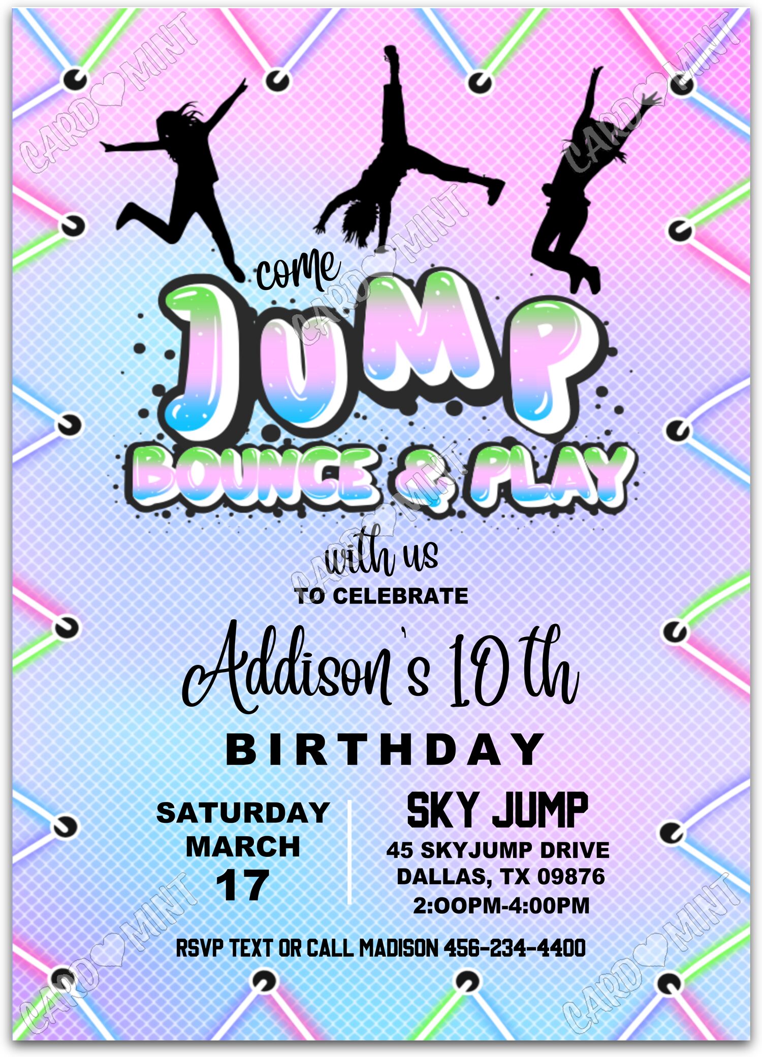 Editable Come Jump green/black trampoline girl Birthday Party 5"x7" Invitation EV1169