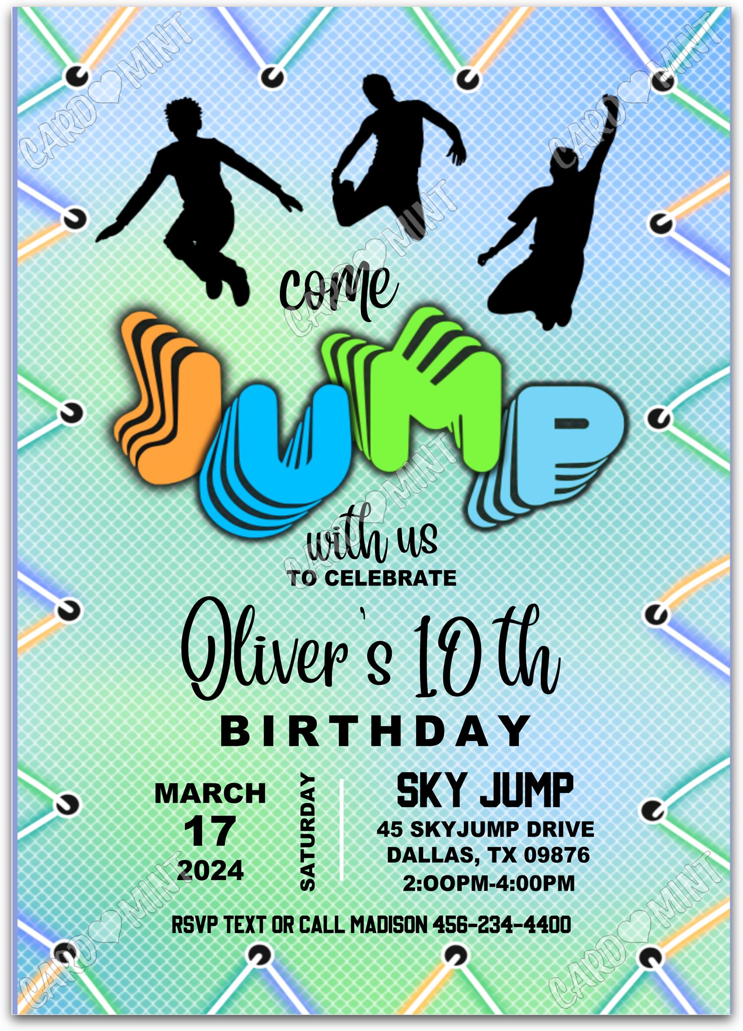 Editable Come Jump With Us green/black trampoline boy Birthday Party 5"x7" Invitation EV1170