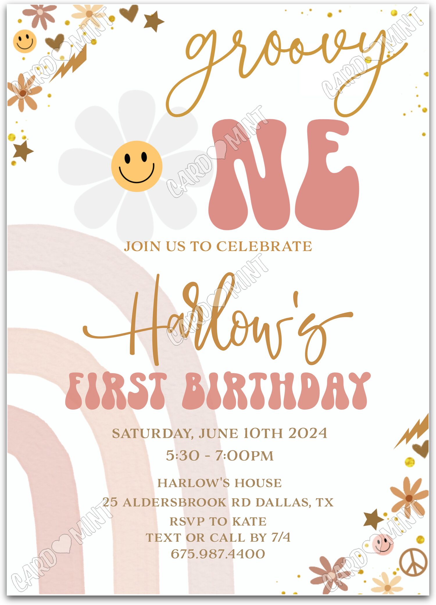 Editable Groovy One white happy faces girl First Birthday Party 5"x7" Invitation EV1193