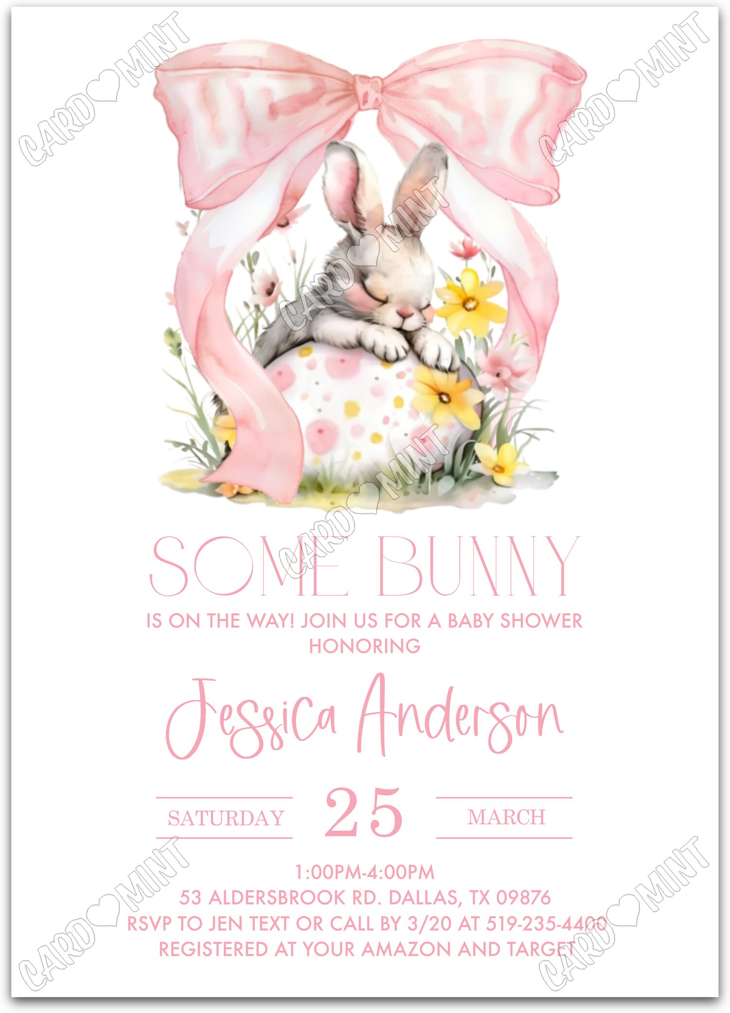 Editable Some Bunny pink bunny & bow girl Baby Shower 5"x7" Invitation EV1201