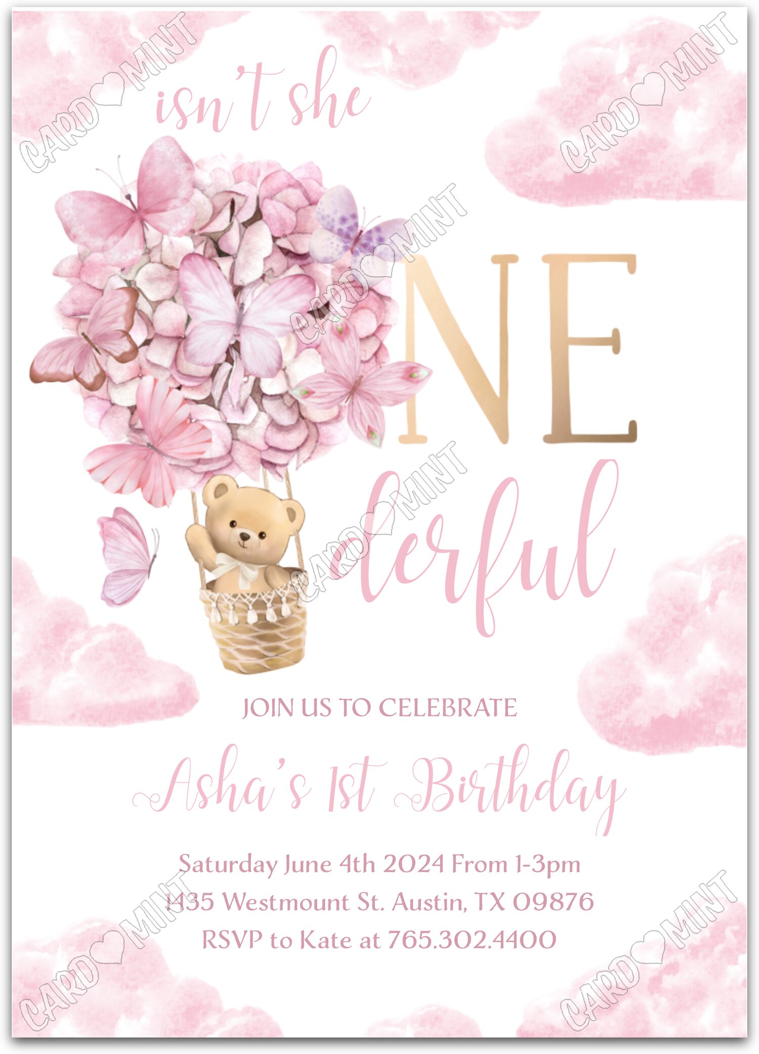 Editable Isn't She Wonderful rose gold hot air balloon, teddy bear & butterflies First Birthday Party Invitation EV1205