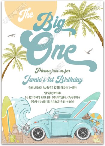 Editable The Big One Birthday Party Invitation printable or evite for girl with vintage beach gear, pink EV1211