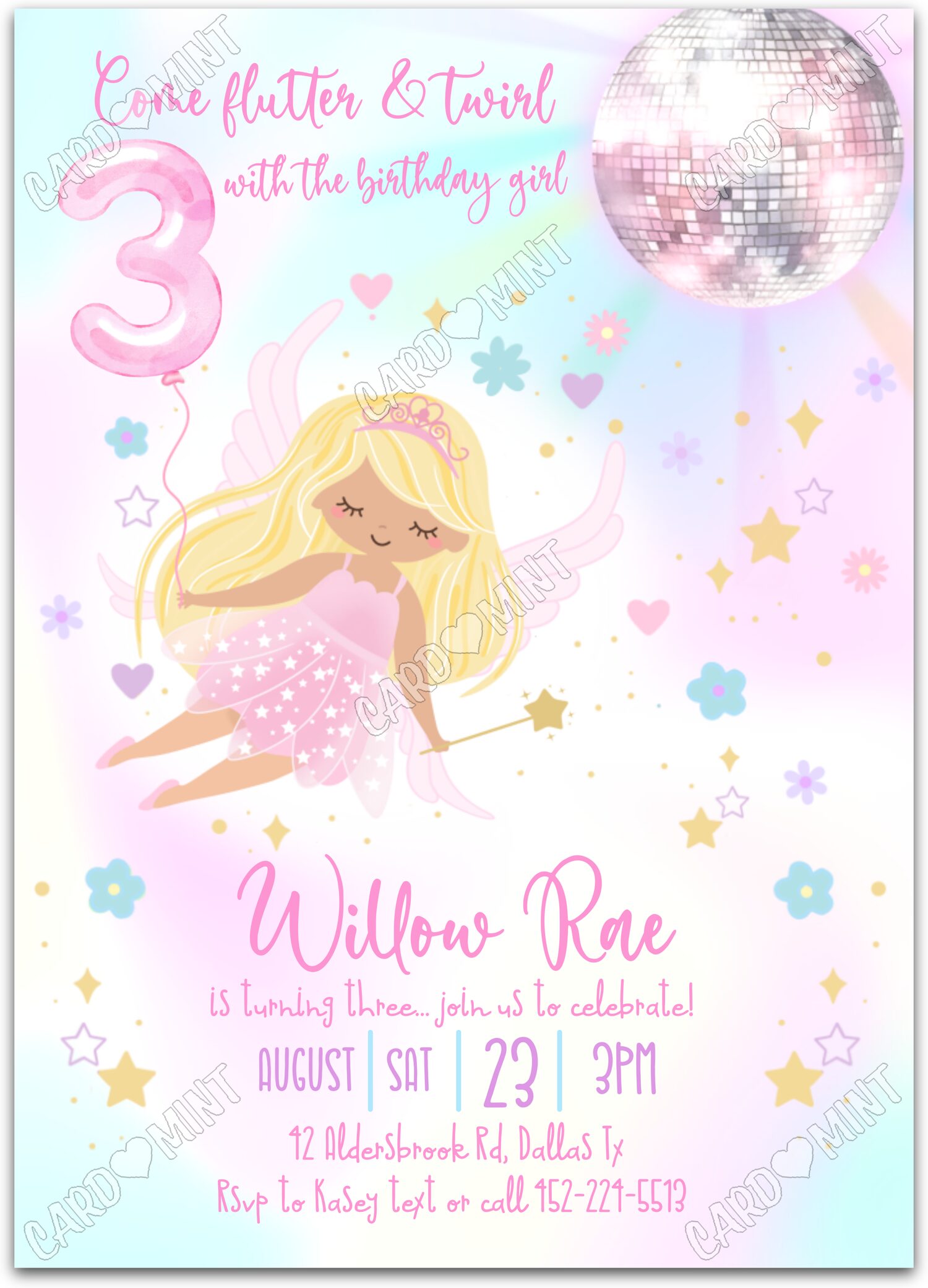 Editable Flutter & Twirl white light/blonde fairy & stars pattern girl 3rd Birthday Party 5"x7" Invitation EV1214-3