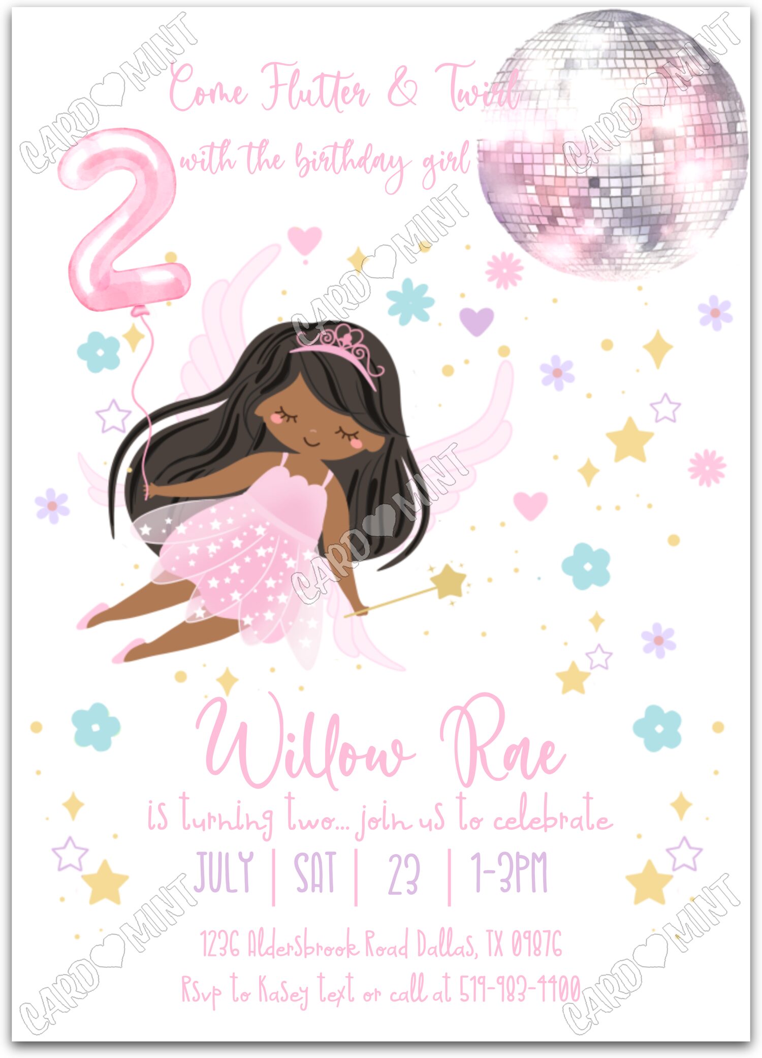 Editable Flutter & Twirl white dark/black fairy & stars pattern girl 2nd Birthday Party 5"x7" Invitation EV1222-2