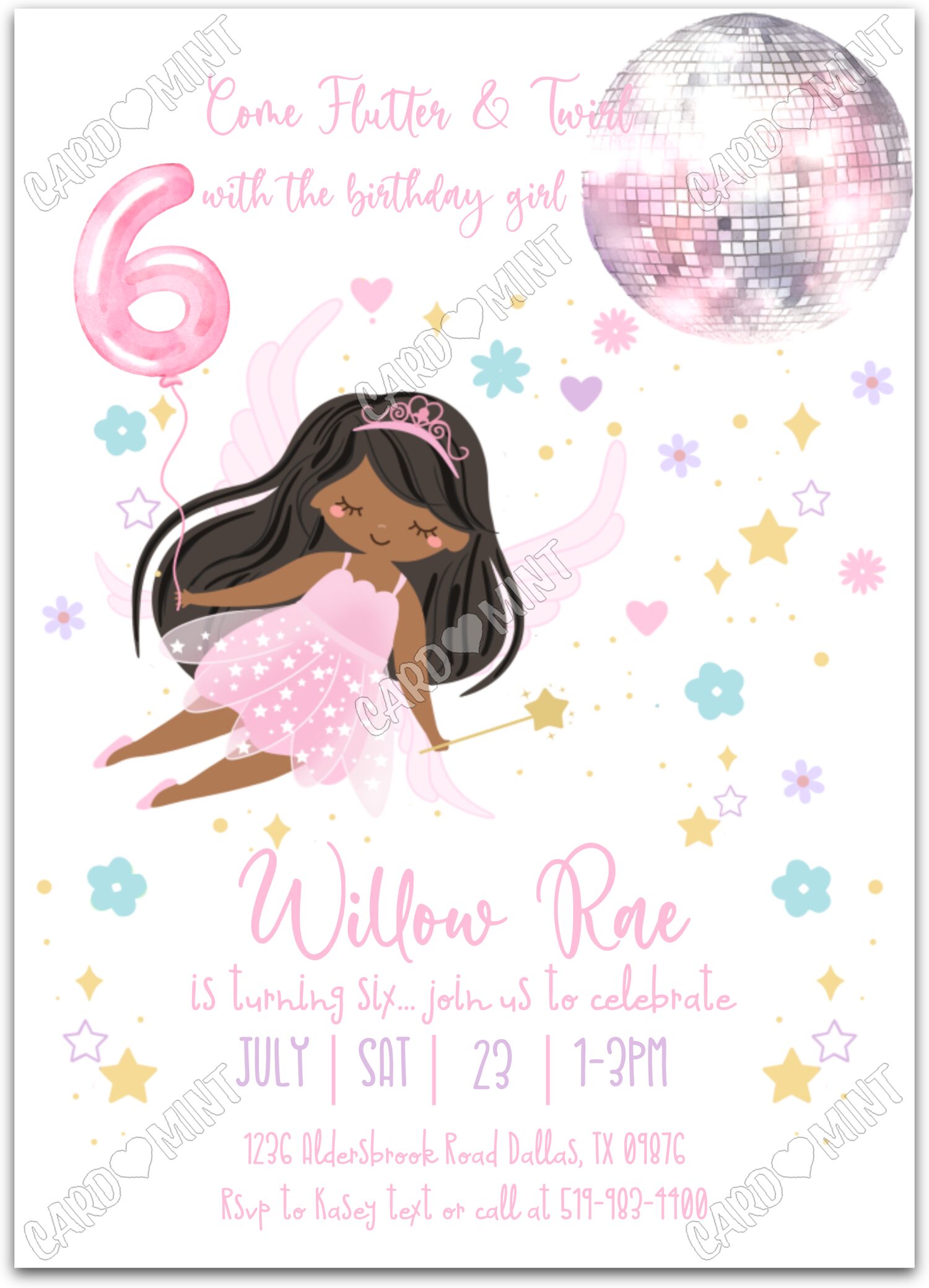 Editable Flutter & Twirl white dark/black fairy & stars pattern girl 6th Birthday Party 5"x7" Invitation EV1222-6