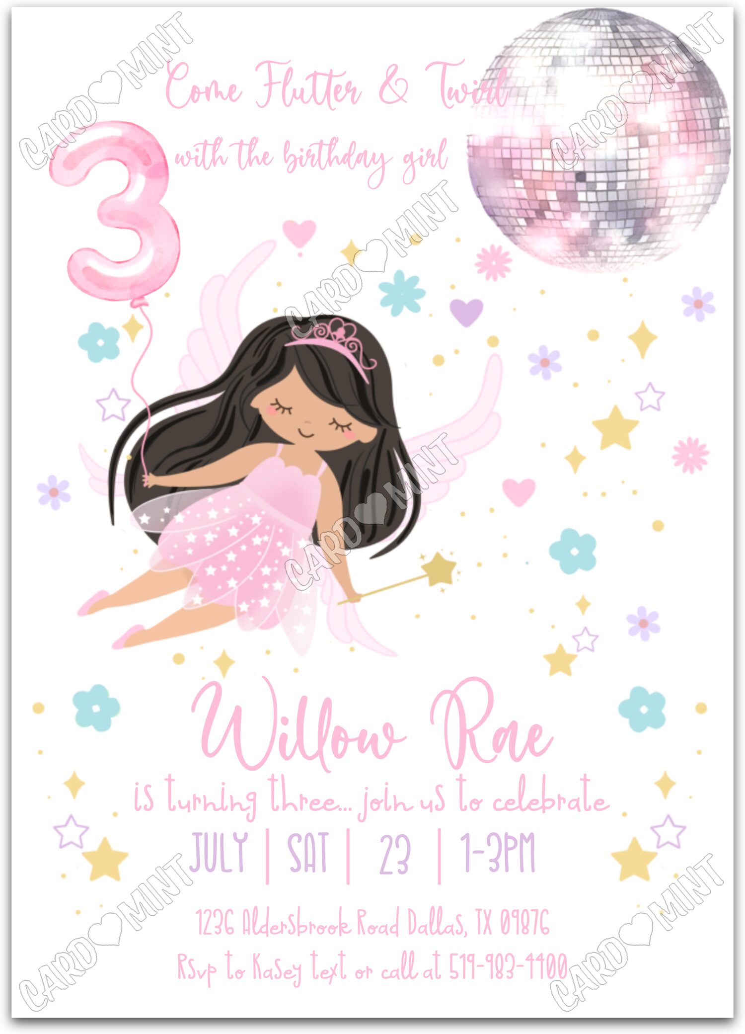 Editable Flutter & Twirl white light/black fairy & stars pattern girl 3rd Birthday Party 5"x7" Invitation EV1225-3