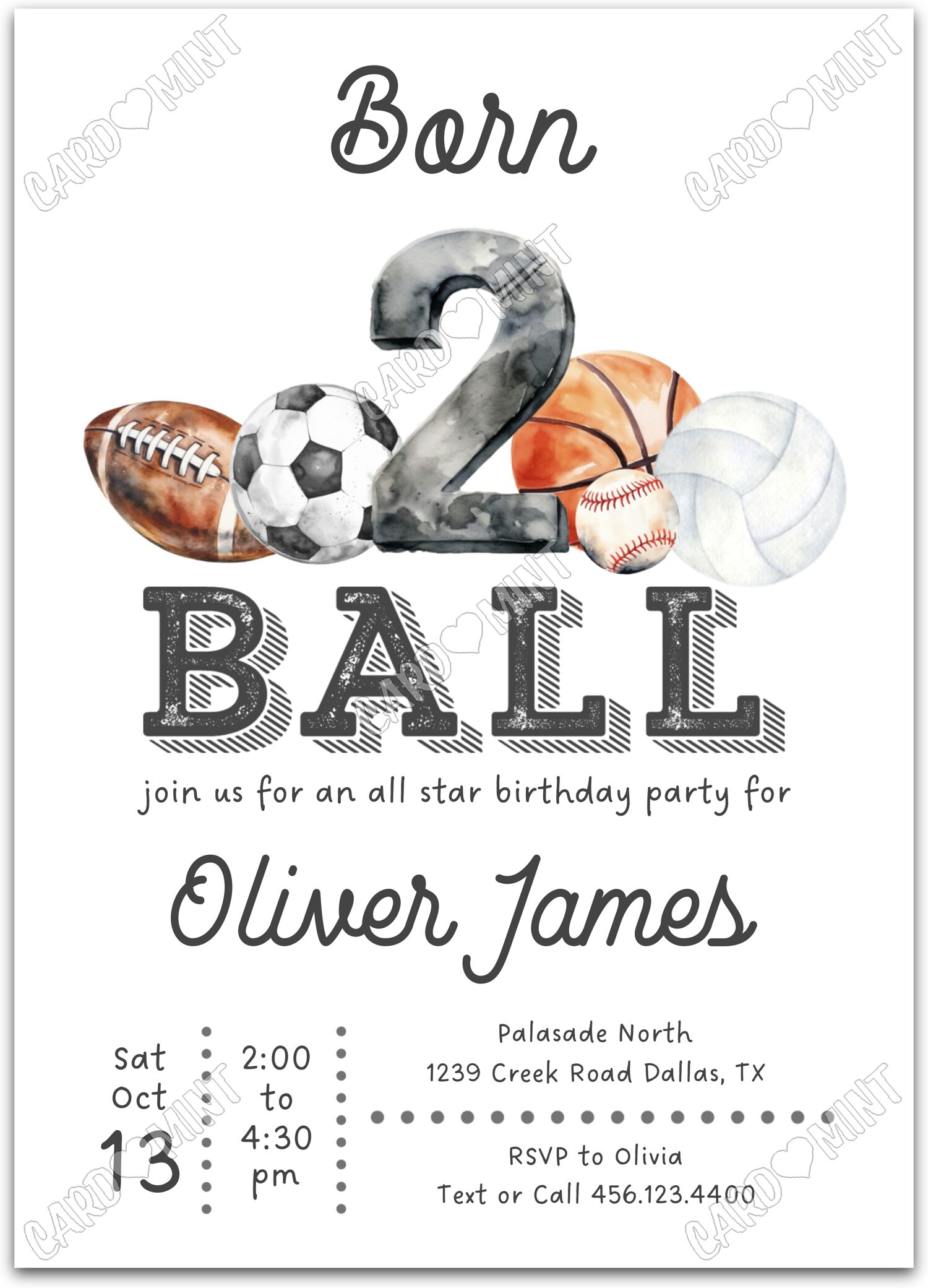 Editable Born 2 Ball white sports balls boy Birthday Party Invitation EV1231